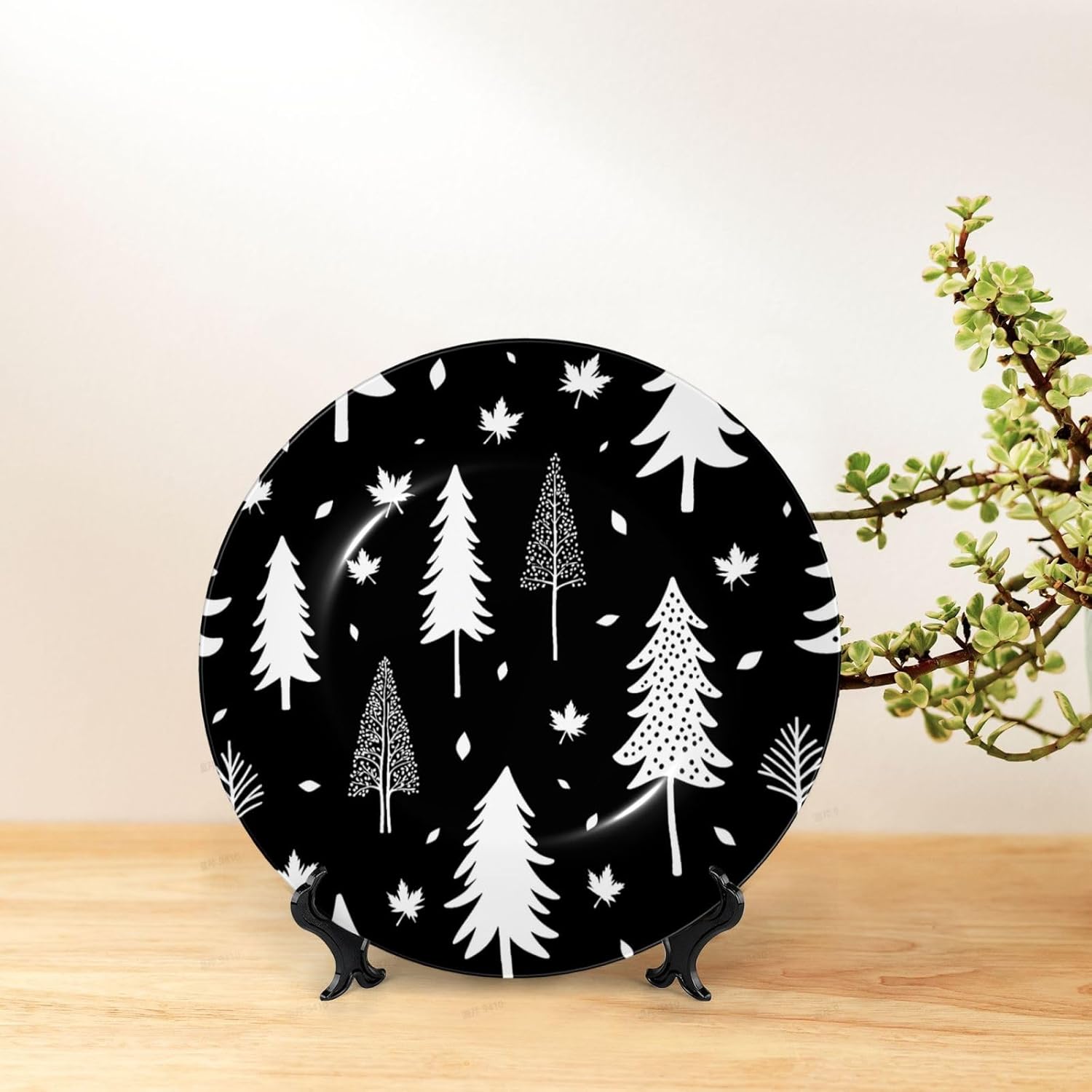Christmas Tree Snow Style Ceramic Plate Display Decorative Plate With Stand Wall Hanging Plate For Home Decor 10 Inch