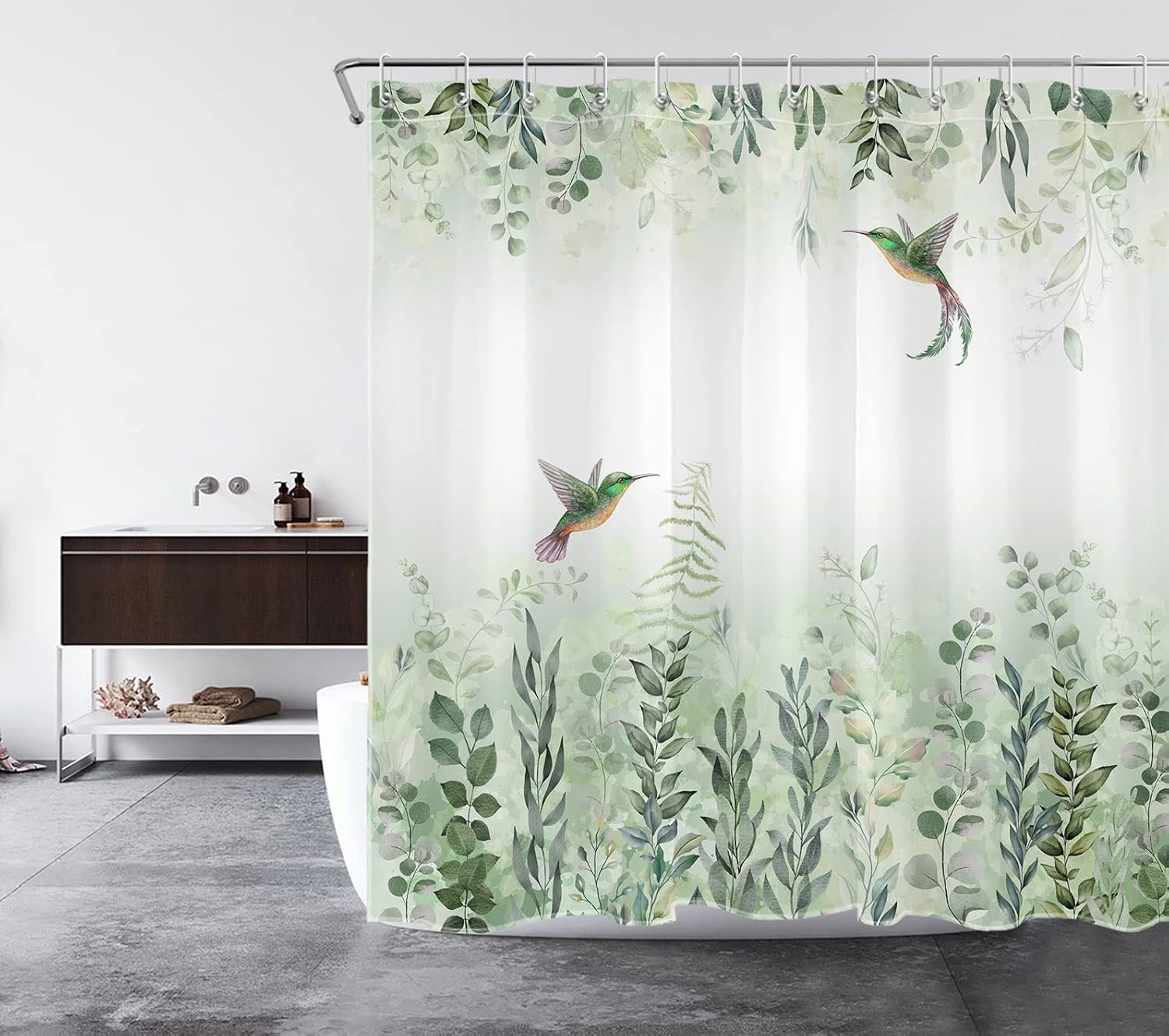 EOBTAIN Sage Green Leaf Shower Curtain Eucalyptus Hummingbird Bird Shower Curtains White Green Leaves Botanical Plant Floral Cottagecore Aesthetic Bathroom Curtain 12 Hooks Durable Fabric 72X78Inches
