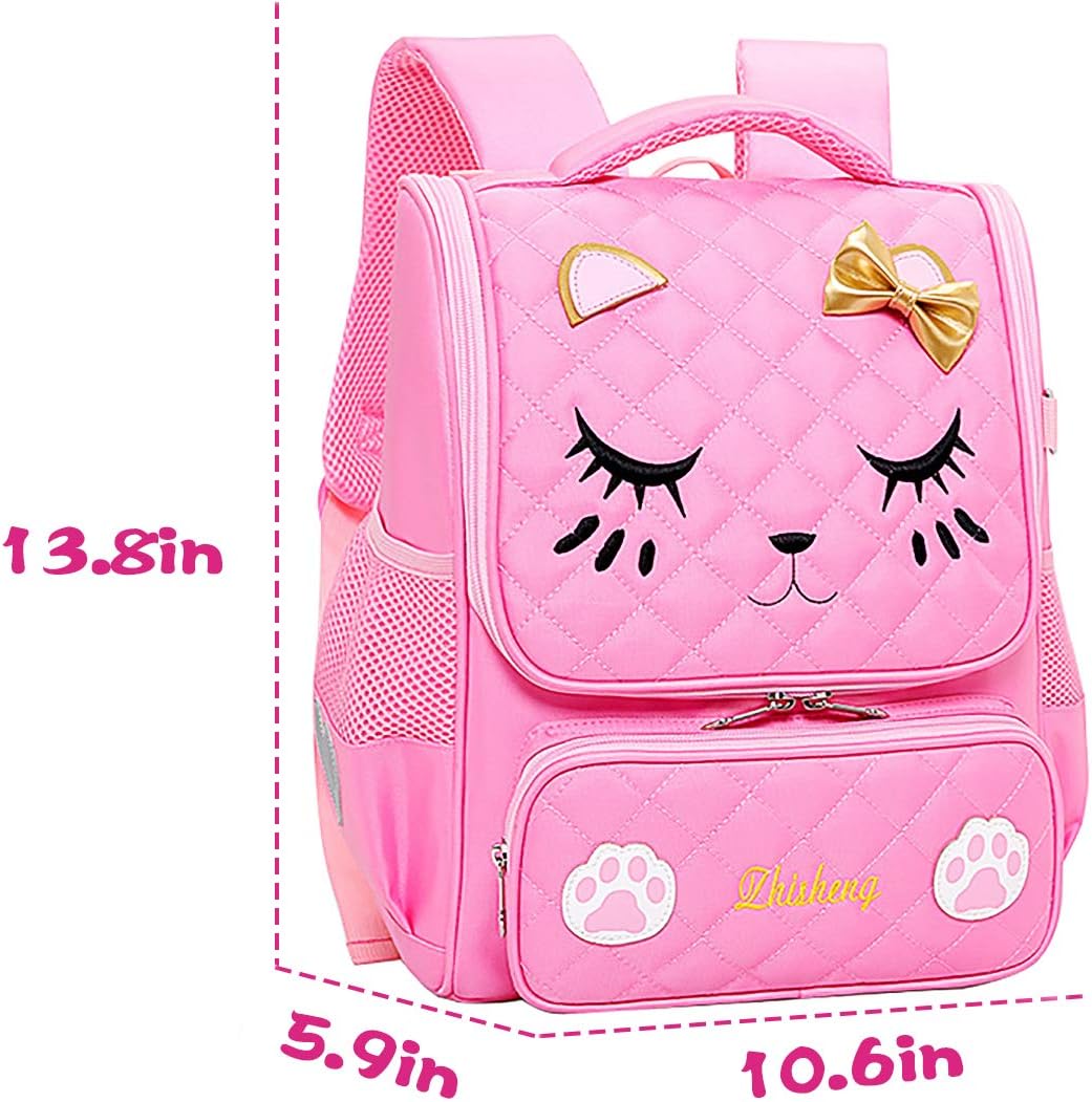 Proboths Cute Cat Face Girl's Bowknot School Backpack Kid's Bookbag Gift for Elementary Primary Student Pink