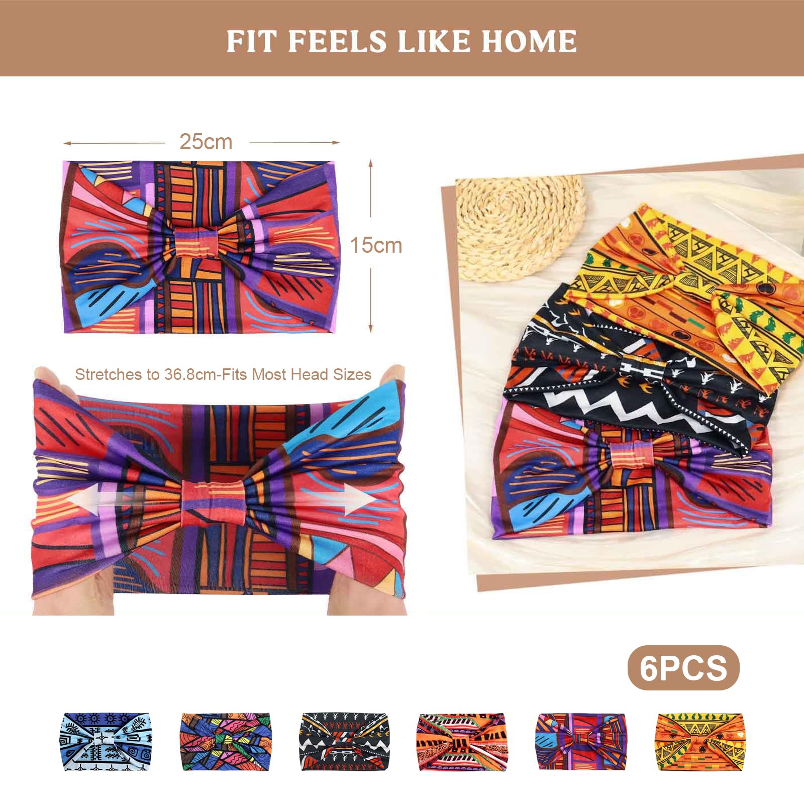 Kabwea 6 Piece Boho Ladies' Headbands, Wide Headbands for Women Knotted, Non-slip Headbands, Turban Headbands, Elastic Hair Cloth - Image 2