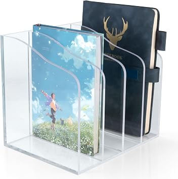 Clear Acrylic File Holder, Vertical Magazine Organizer 4-Slot for Office/Home/Classroom