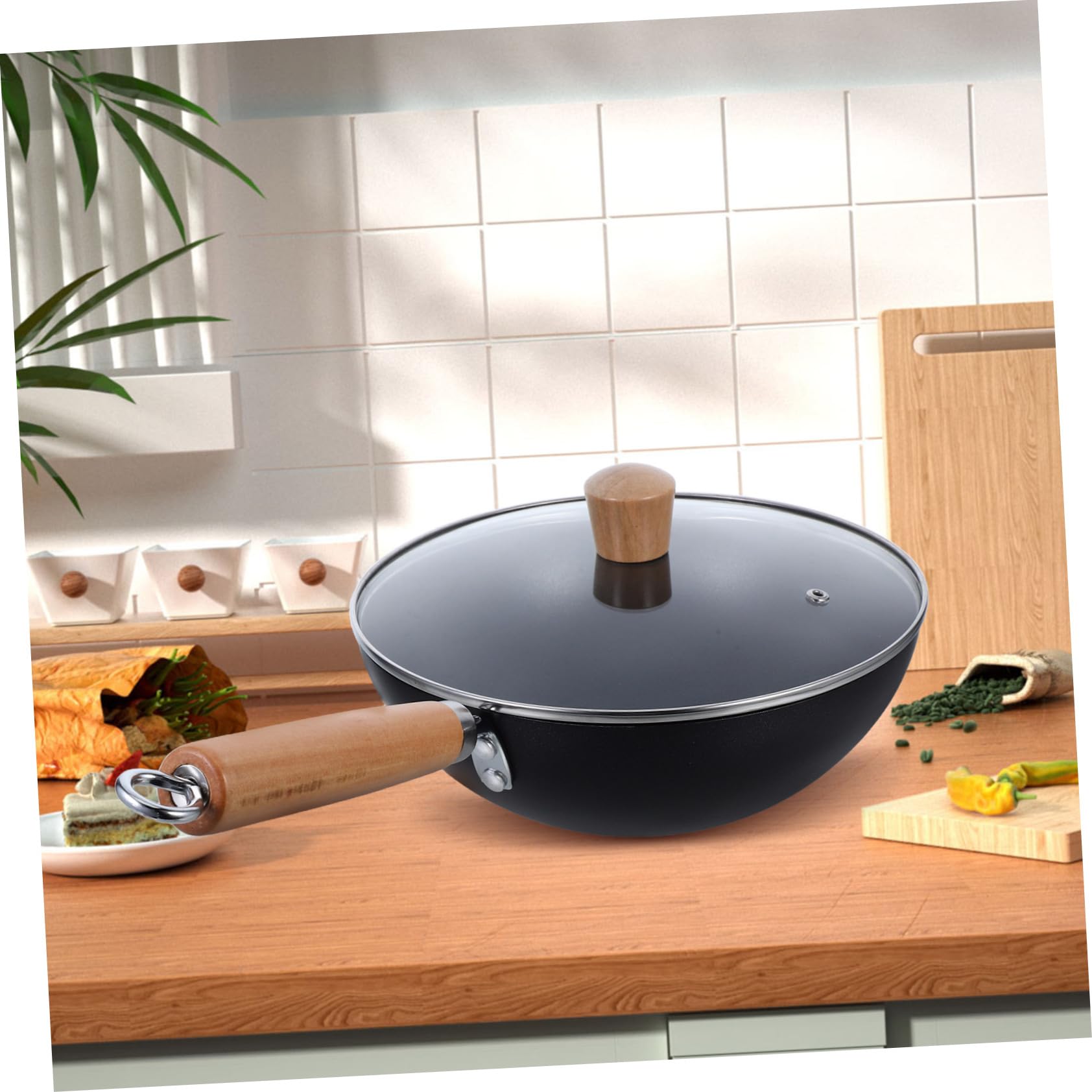 HEALLILY Padella in ferro con coperchio profondo antiaderente Wok design ergonomico manico in legno per cucina cucina comoda conservazione