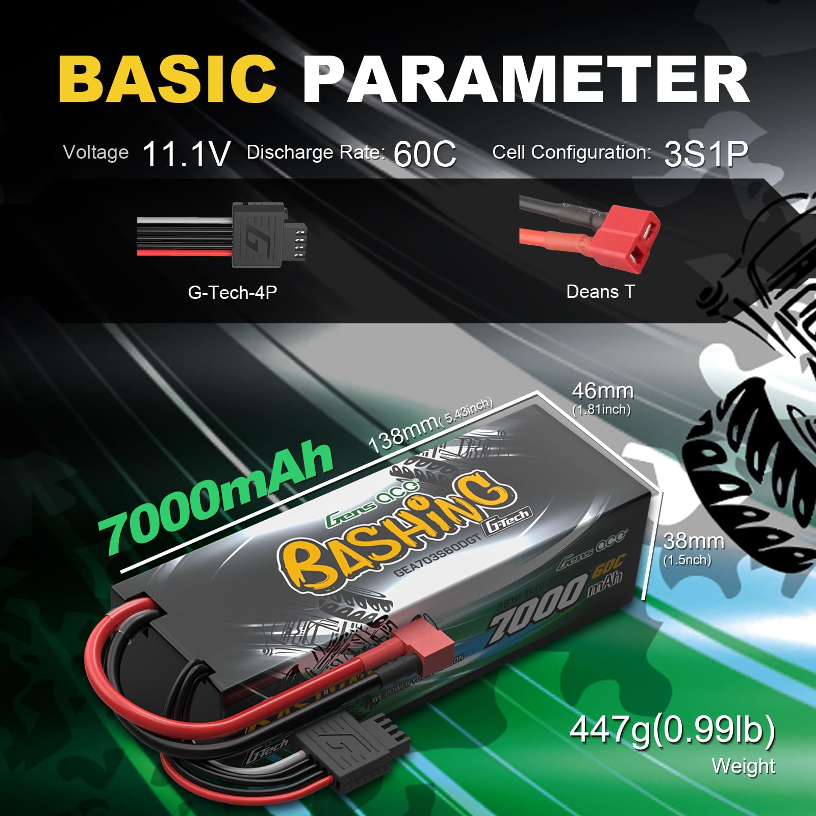 Gens Ace 3S 11,1V 7000mAh 60C Akumulator LiPo G-Tech z wtykiem T (Deans), seria Bashing do RC samochodów 1:8 i 1:10, bardzo długi czas pracy