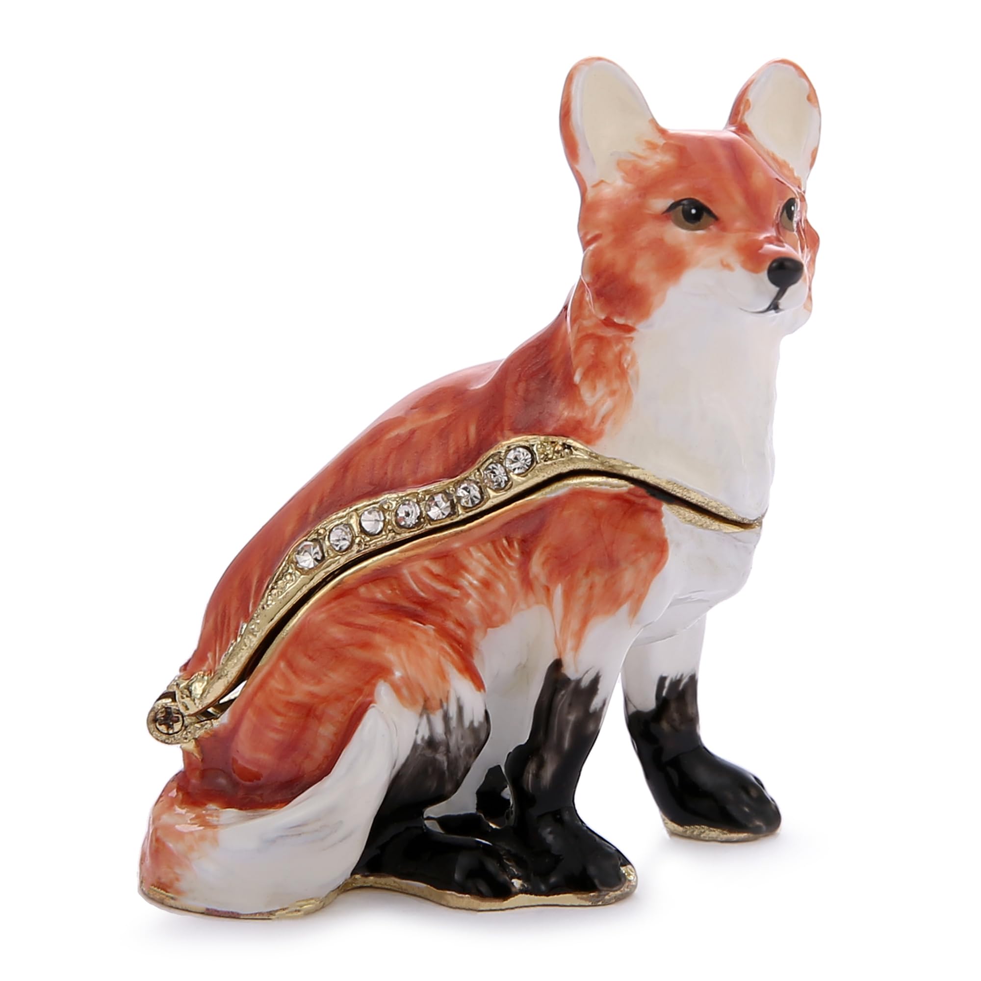 Hand Painted Trinket Box for Home Decor Accents, Enamel Hinged Jewelry Box for Bookshelf Office Table Desk Decoration, Classical Figurine Collectible Keepsake Animal Sculptures (Sitting Fox)