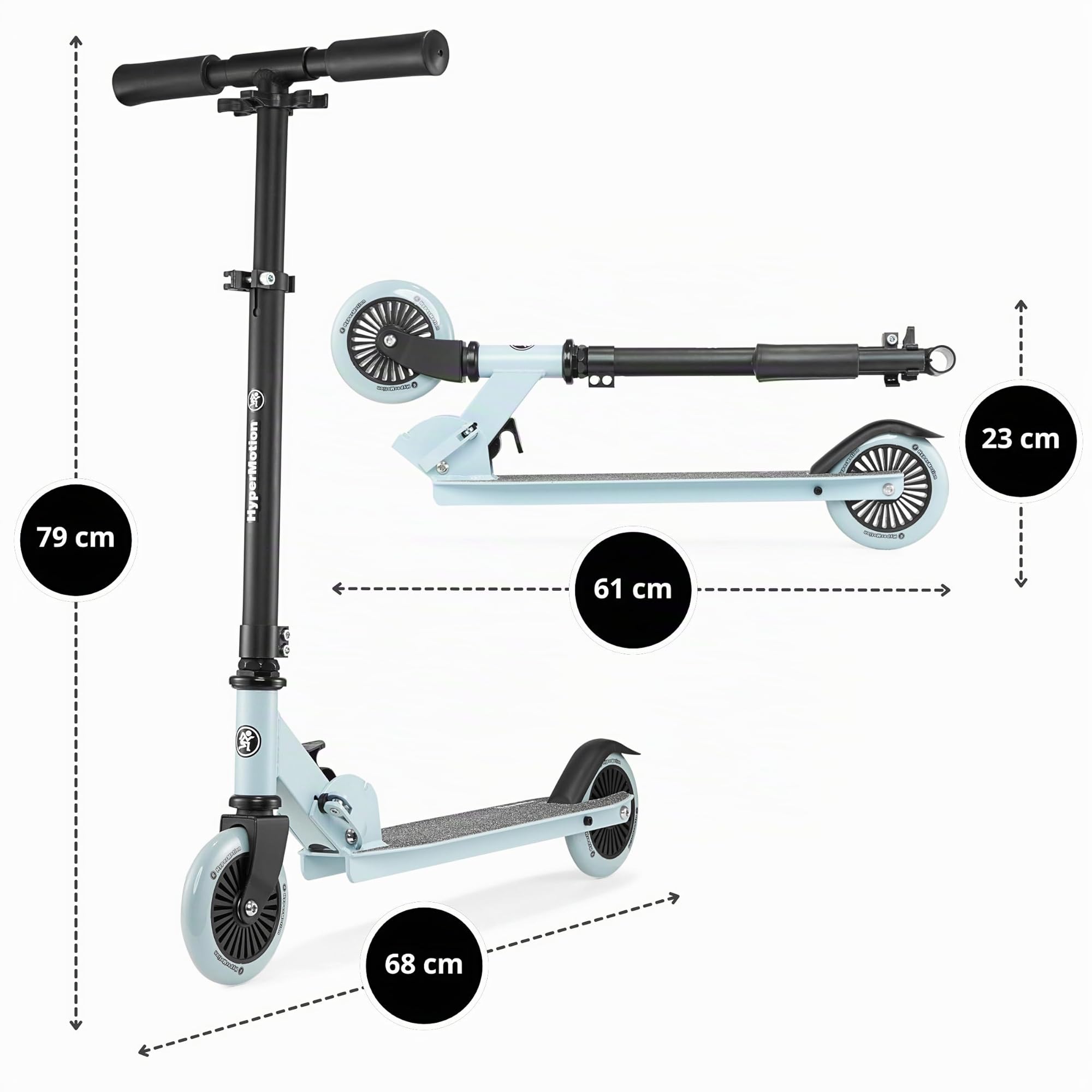 HyperMotion Monopattino Bambini 3-8 Anni, Modello WILLY a 2 Ruote, Manubrio Regolabile e Pieghevole, Pedana Antiscivolo, Ruote in Gomma, Portata 40 kg, Nero/Blu
