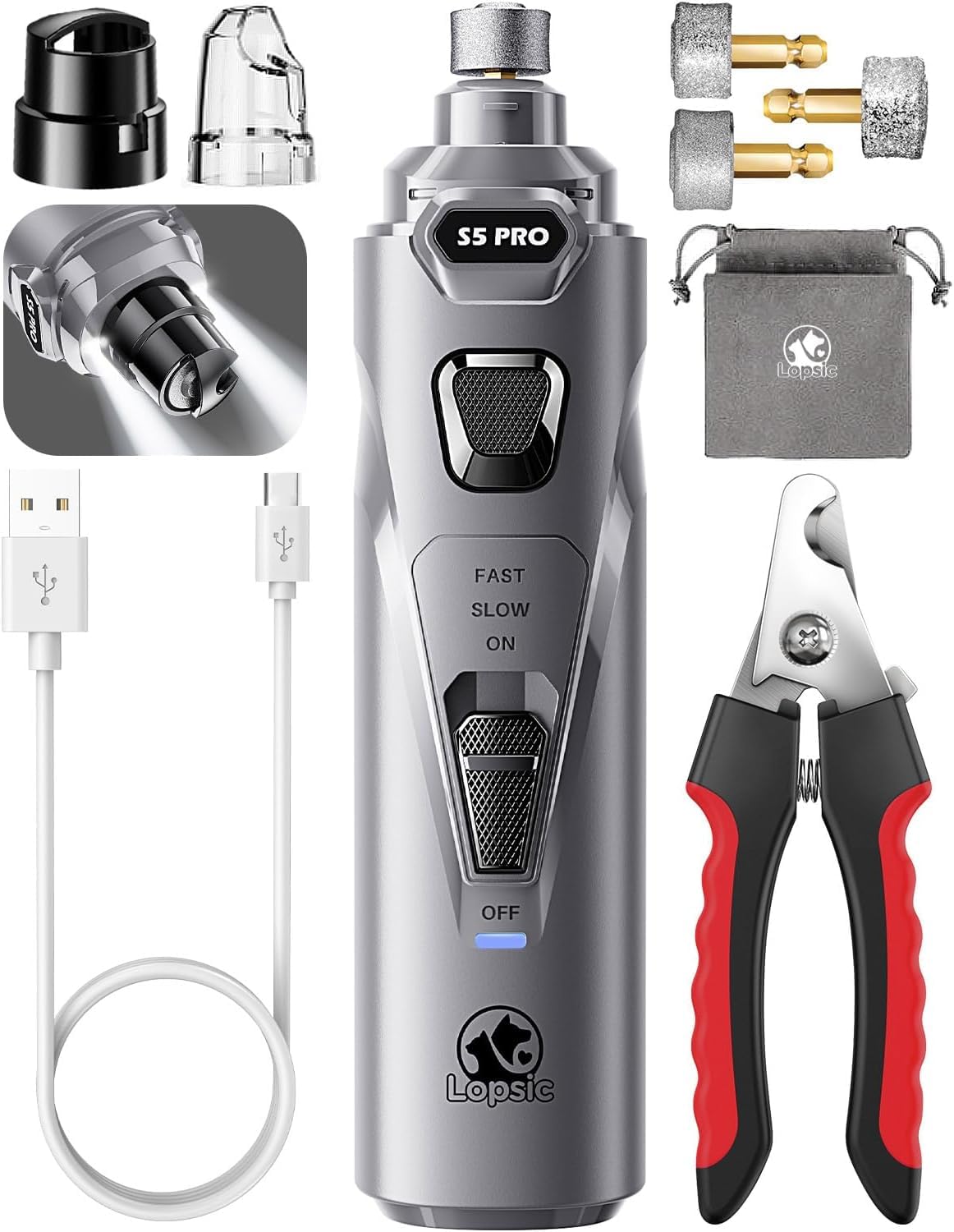 Broyeur à ongles pour chien avec 2 lumières LED, puissant, 2 vitesses, super silencieux, avec 3 roues de meulage, coupe-ongles rechargeable pour animaux de compagnie pour chiens de grande et moyenne