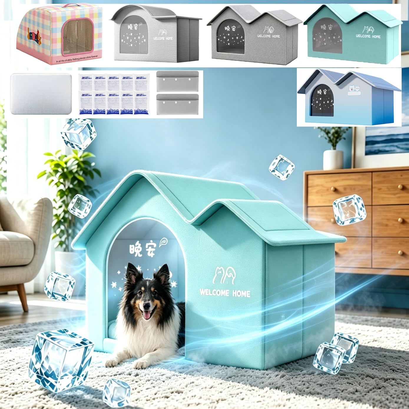 All‑Season Outdoor Cat Cooling House Weatherproof，Dog Tent Cave for Indoor in Summer or Winter with Ice Packs, Door and Soft Mat, Foldable Leak‑Proof Breathable Passive Heat‑Resistant Shelter for Pets