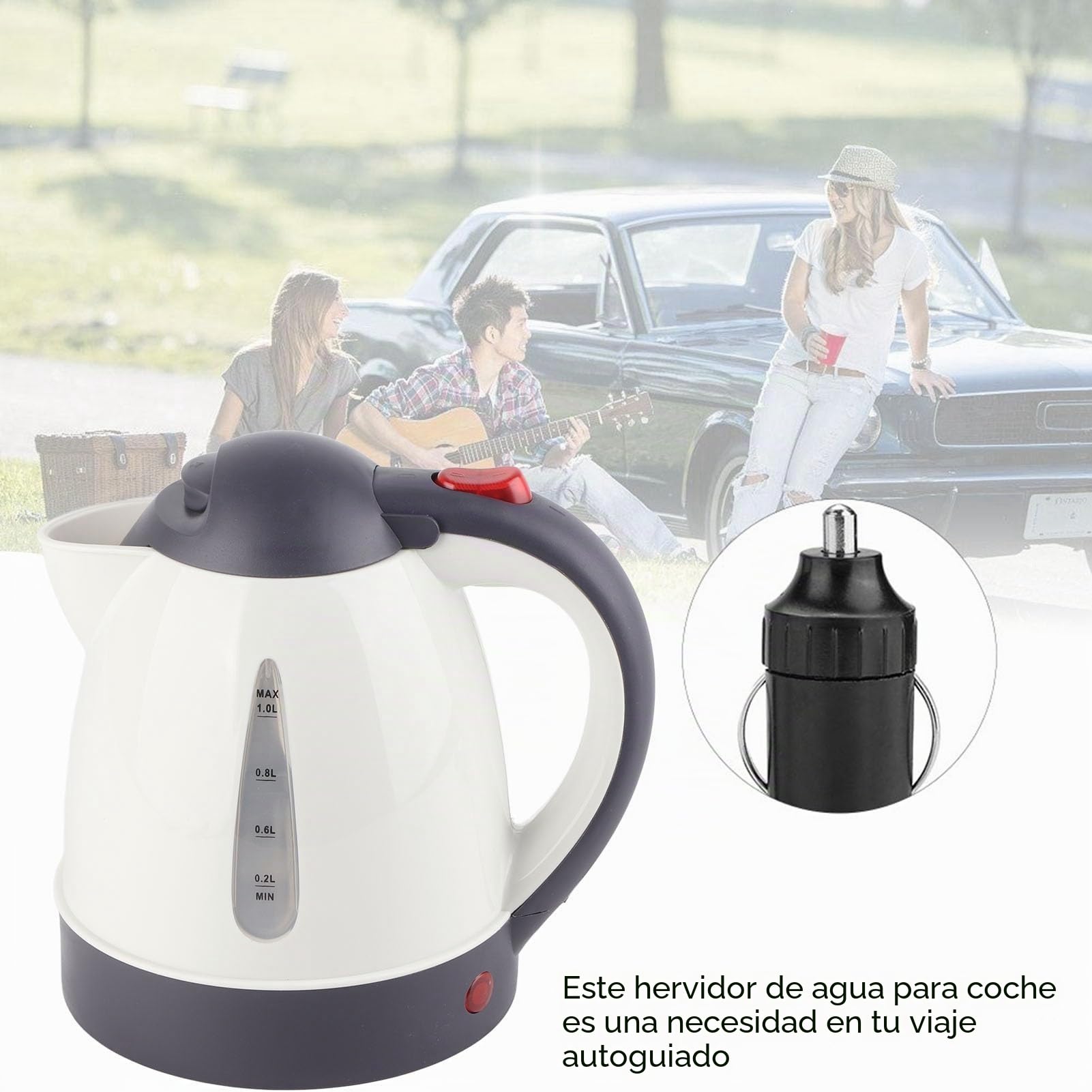 Portátil 1 Hervidor de camión en el automóvil Portátil, 1000ml 24V Travel Car Kettle Inner, Hervidor de agua para automóvil con enchufe para encendedor de cigarrillos, Botella de calentador de agua