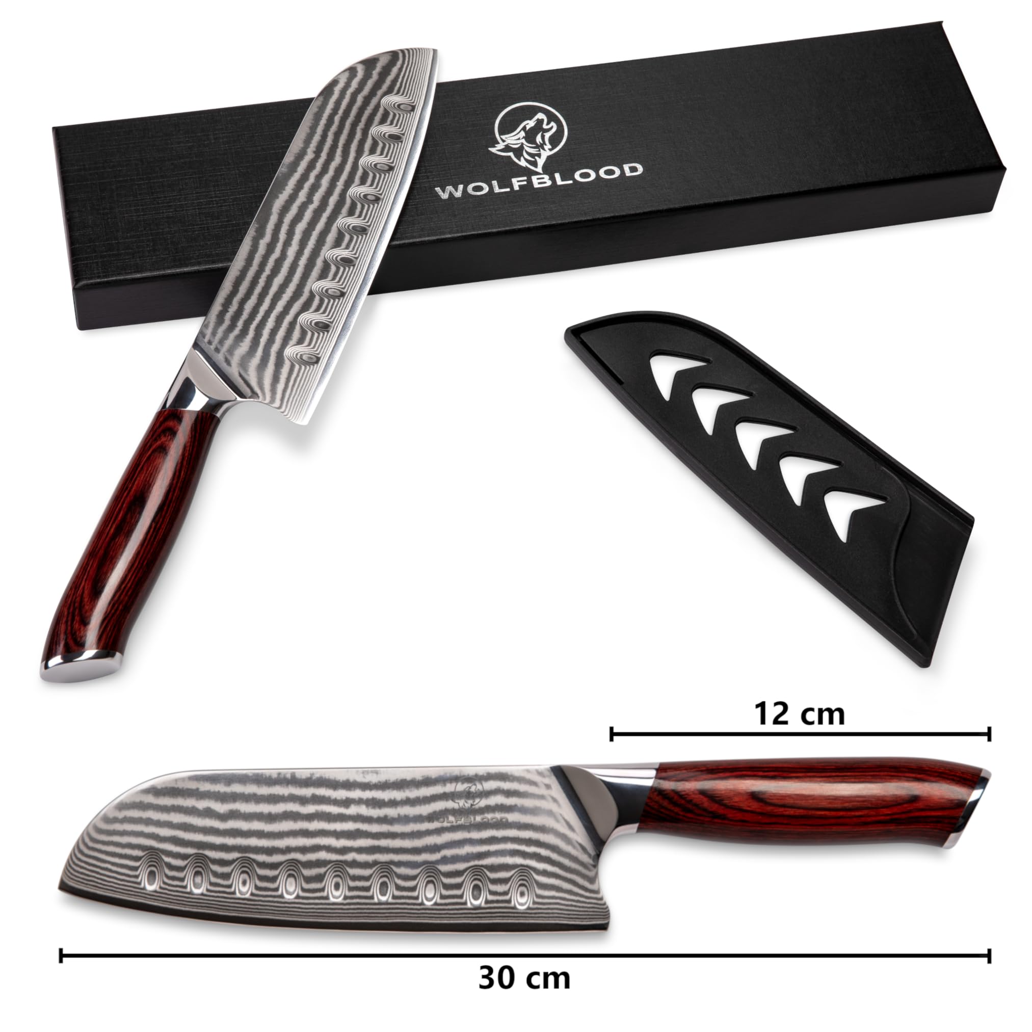 Wolfblood Damastmesser Santoku Messer XL (30cm) TÜV geprüfter 62 HRC Damaststahl aus 67 Lagen I Damast-Küchenmesser Santokumesser mit Kirschholzgriff Geschenkbox und Klingenschutz