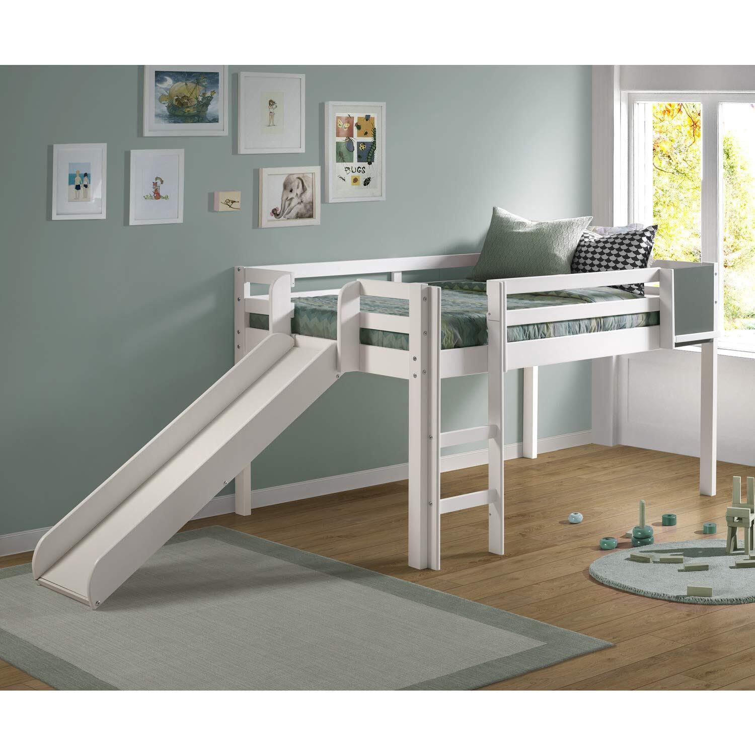 Naomi Home Cindy Low Loft Bed with Slide for Kids, White - Fun, Safe, Space-Saving Design, Pine Wood, 450 lbs Capacity