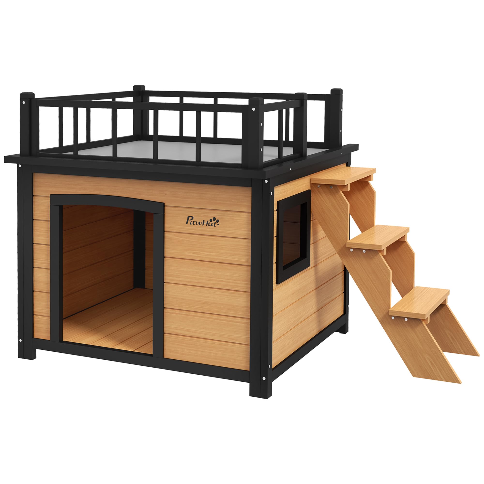 PawHut Niche pour chien Maison pour chien avec balcon, maison surélevée pour petits animaux avec escalier, fenêtre, niche pour petits chiens, bois de sapin, jaune, 121 x 77 x 78 cm