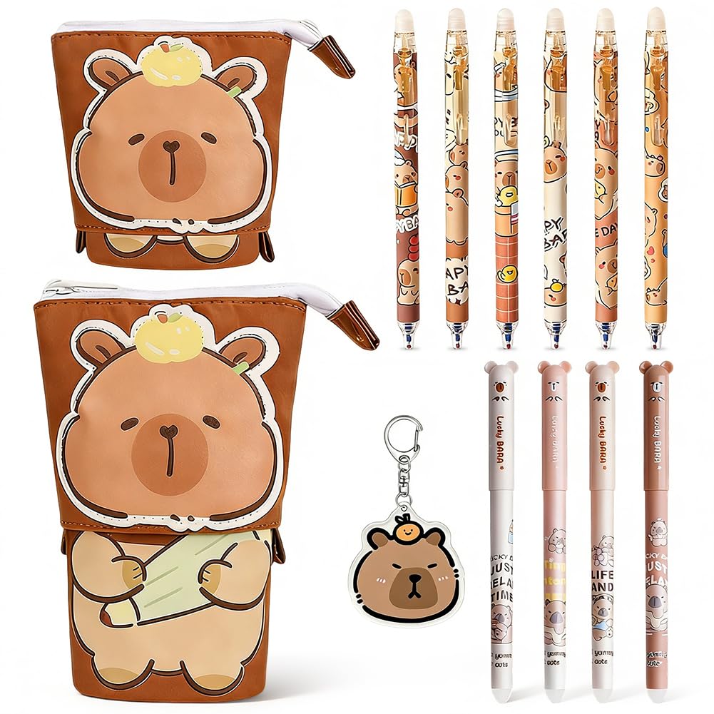 CYGMRFH Cute Capybara Themed Stationery Set, Retractable 2-in-1 Pencil Case with 10 Blue Ink Erasable Pens and Matching Keychain, Portable Pen Holder Pouch for Kids Teens Students