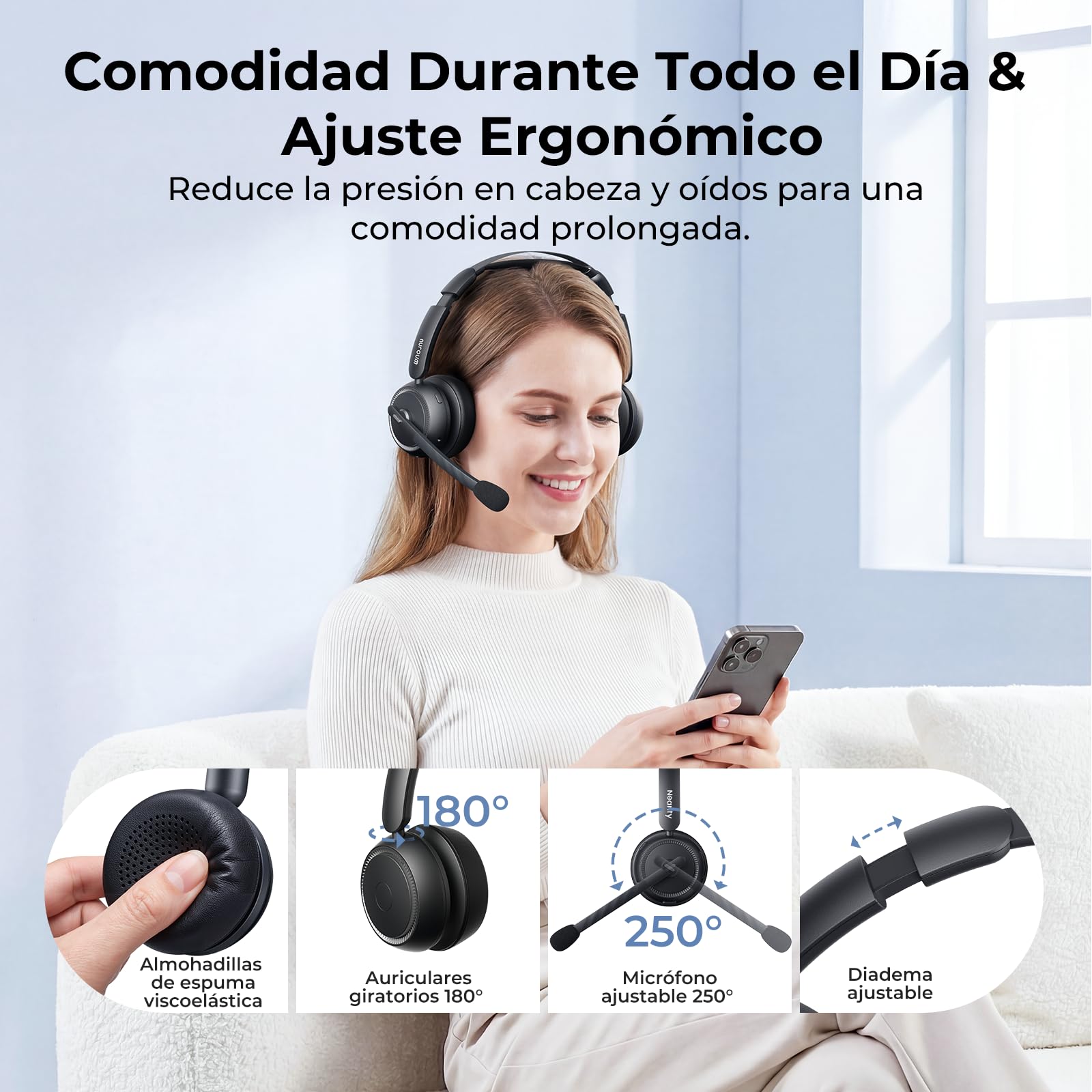 Nuroum HP31D 2026 Auriculares Bluetooth con Estación de Carga, Auriculares Inalambricos PC, Cancelación de Ruido ENC, Dongle USB/Bluetooth 5.4, 45H Tiempo de Trabajo para Teams/Oficina/Call Center