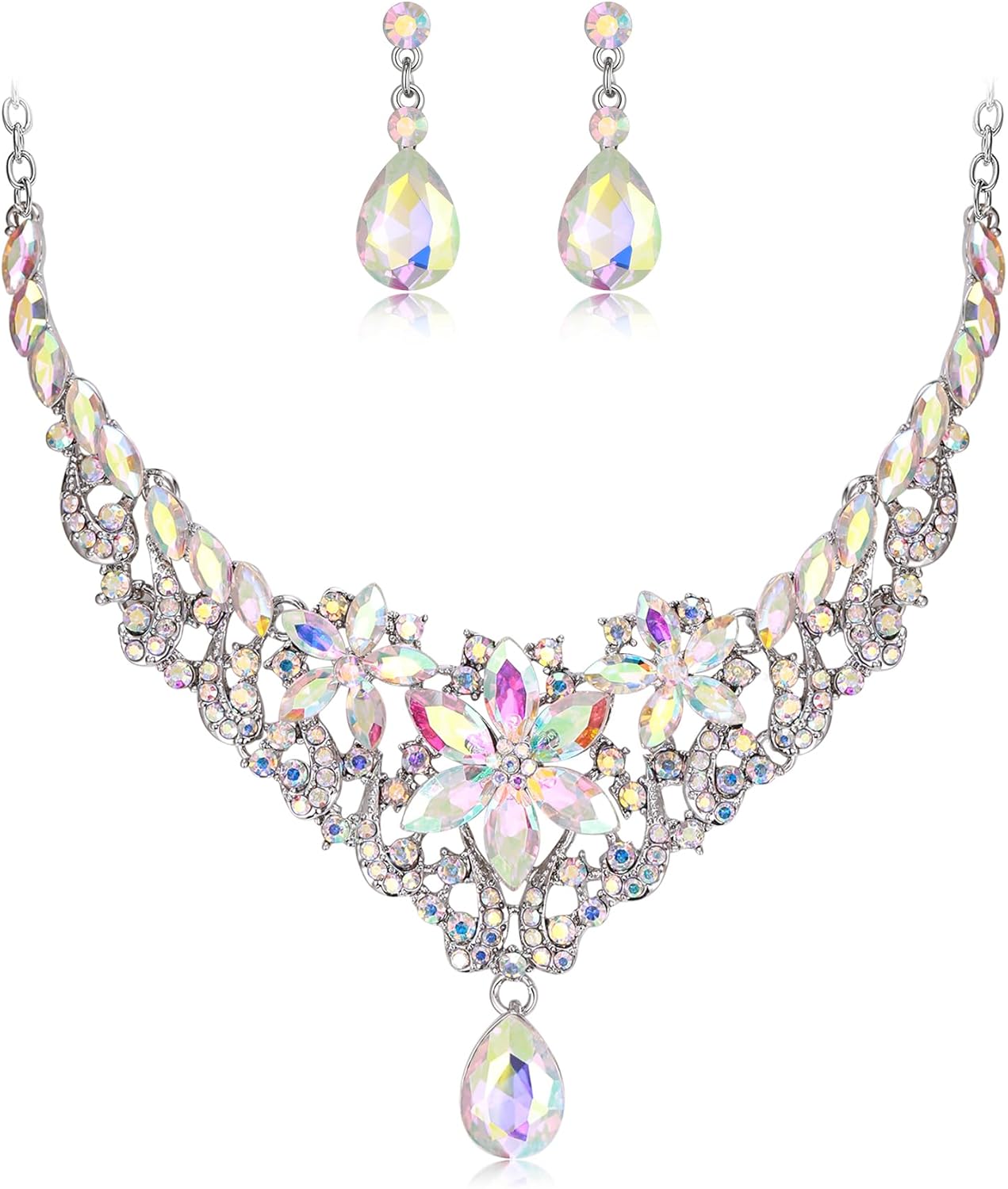 BriLove Wedding Jewelry Set for Women Bride, Gorgeous Stunning Crystal Marquise Teardrop Cluster Statement Necklace Dangle Drop Earrings Prom Accessories