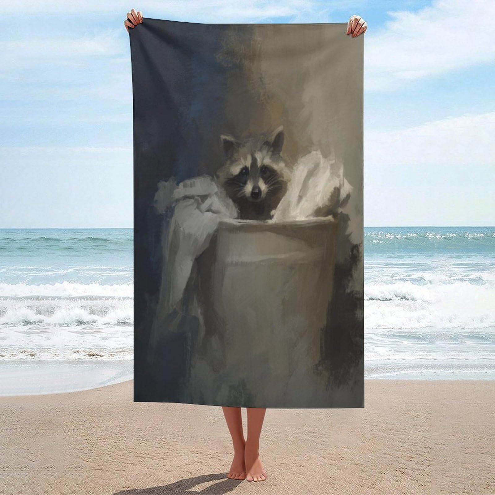 LSRCPD Raccoon in The Laundry Basket Beach Towel Sand Free Microfiber Large Shower Towels Multipurpose Absorbent for Bathroom Pool 130x80 CM
