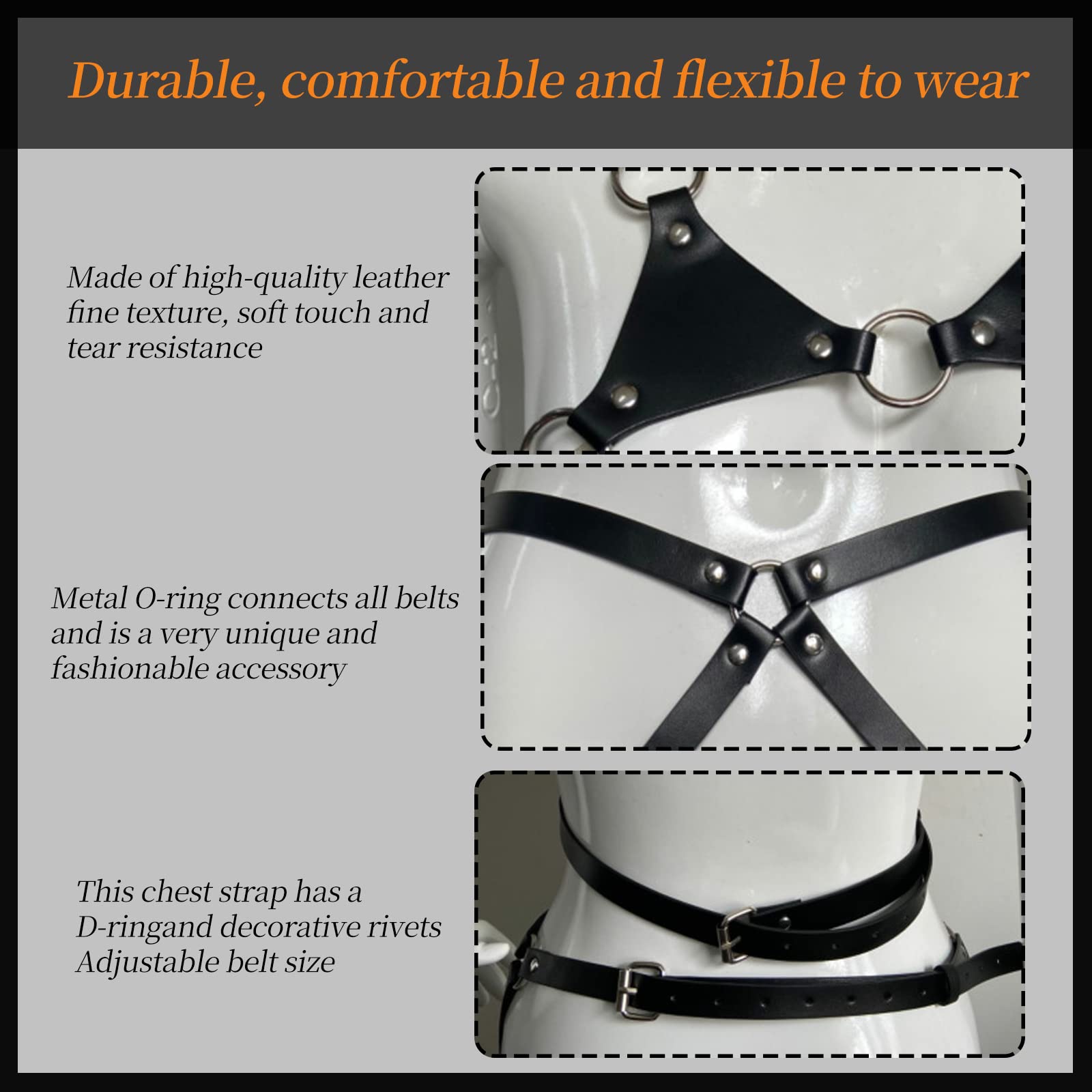 Femmes Punk Cuir Soutien-Gorge Harnais Harness Corps Cupless Bretelles Lingerie(A)