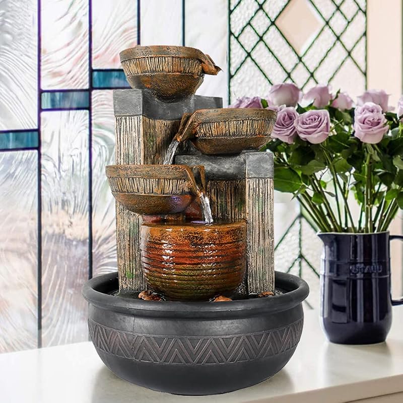 15.7''H 4-Tier Relaxation Indoor Tabletop Waterfall Fountain with LED Lights Desktop Fountains Calming Sound for Home Office Bedroom Decor (Brown, 15.7inch)