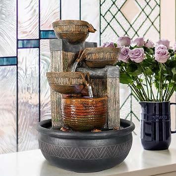 15.7H 4-Tier Relaxation Indoor Tabletop Waterfall Fountain with LED Lights Desktop Fountains Calming Sound for Home Office Bedroom Decor Brown, 15.7inch