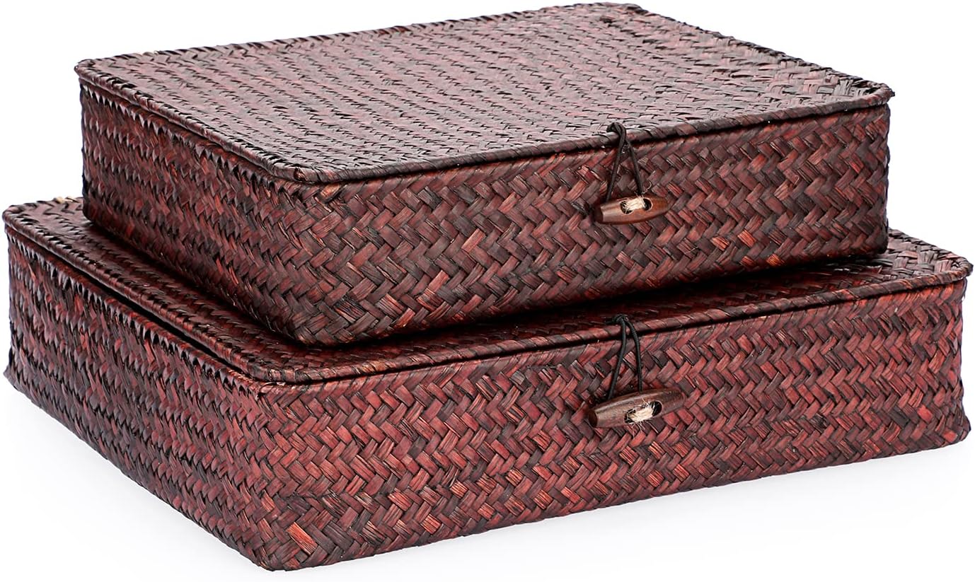 Hipiwe Set of 2 Flat Woven Wicker Storage Bins with Lid