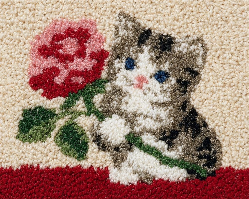 Kitquiver Latch Hook Kits for Adults Rug Cat Holding A Rose DIY Crochet Yarn Embroidery Handmade Needlework with Printed Canvas for Home Decoration 23X35In