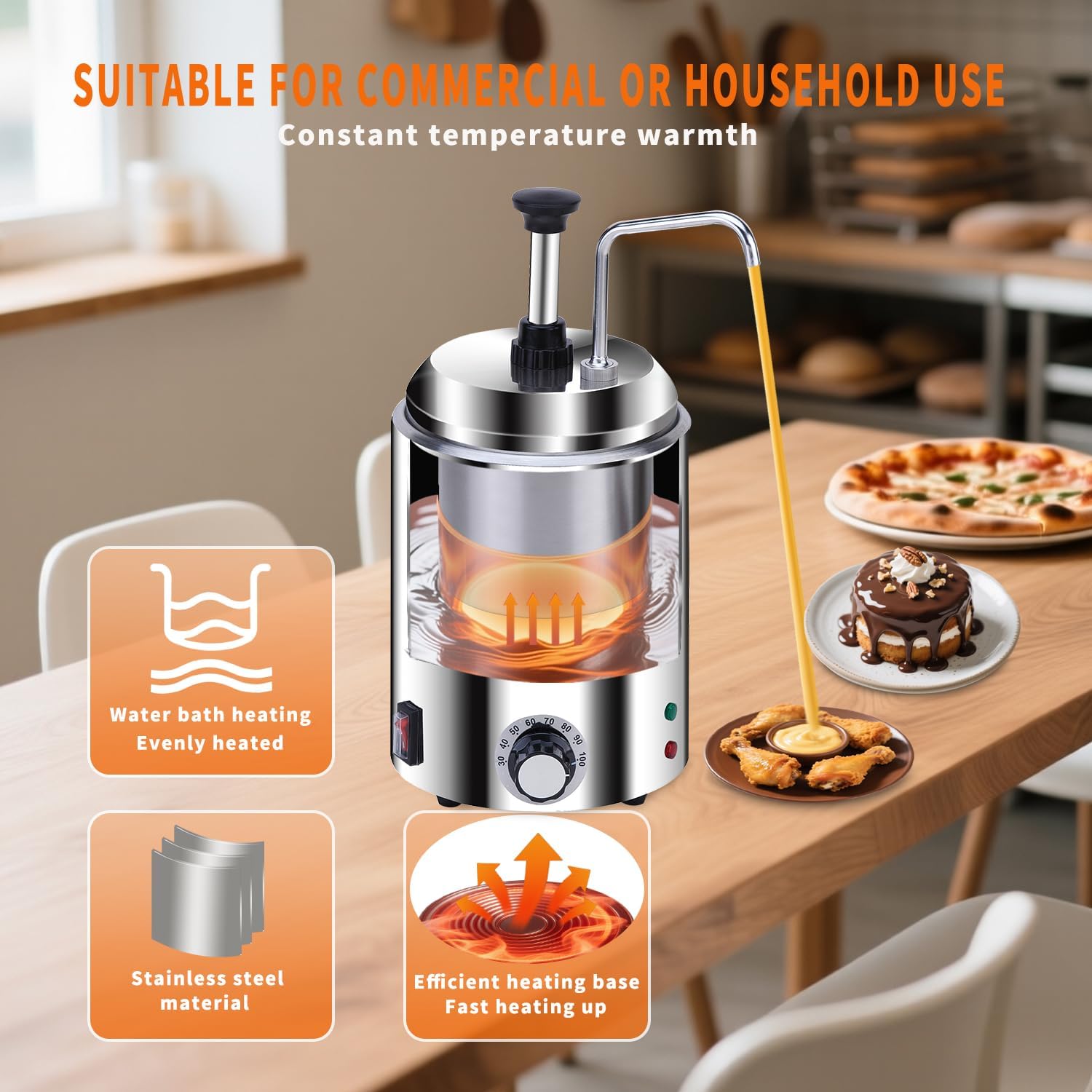 SNICE Electric Nacho Cheese Dispenser Chocolate Warmer Dispenser 304 Stainless Steel Pump 3.0 Qt Hot Fudge Dispenser W/Temperature Adjustment,for Hot Fudge,Cheese,Chocolate,Caramel,Butter Hot Sauce