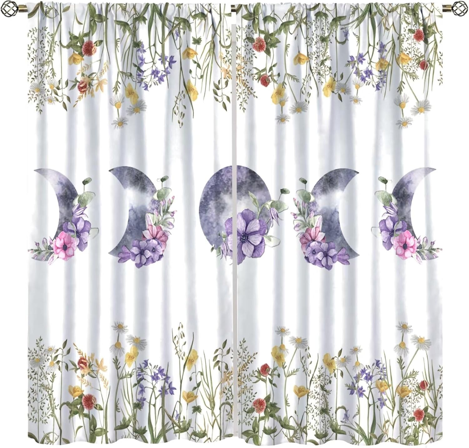 Boho Floral Curtains, Moon Flower Black Moon Phase Wildflower Window Treatments for Bedroom Living Room Cafe Kitchen Set 2 Panels,42x45 Inches, Style-7