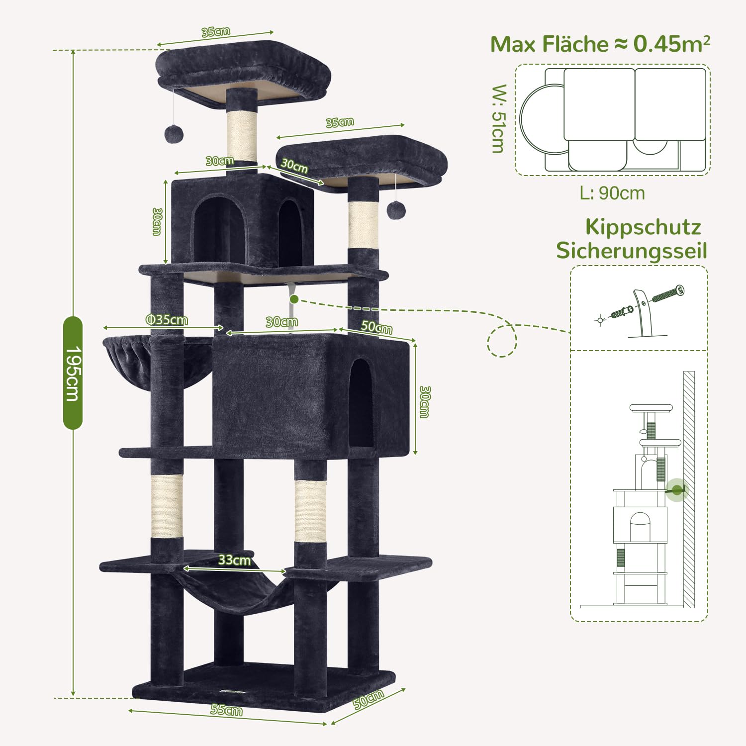 Globlazer F76 Kratzbaum 195 cm mit Große Katzenhaus Hängematte für 2 Katzen | Katzenbaum Stabil Weiche Plüsch, Sicherheit Kippschutz, Einfach zu installiere Aktivitätskratzbäume für Große Katzen Kätzchen
