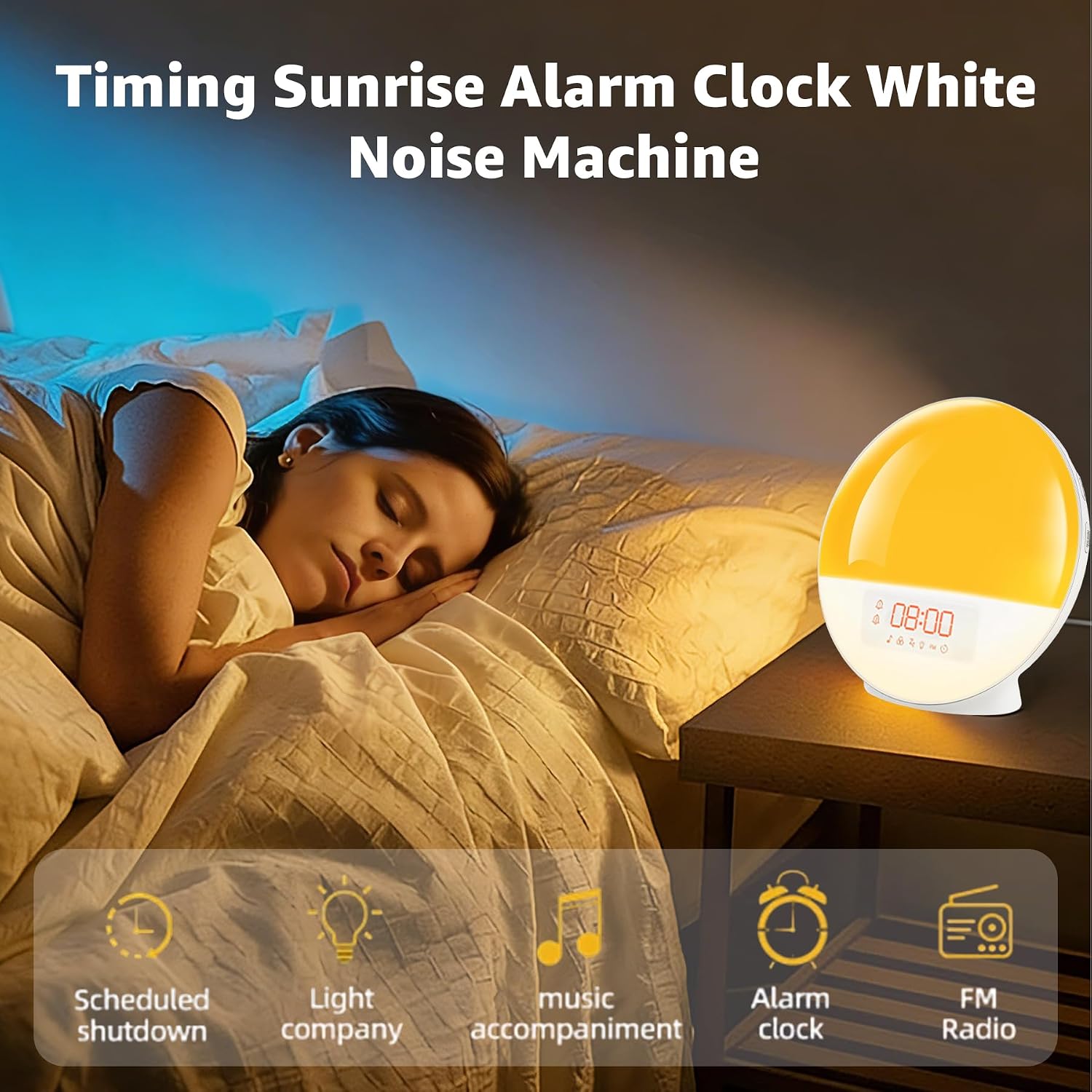 Sunrise Alarm Clock with Bluetooth Speaker Noise Sound Machine | 7 Soothing Sounds,11 Night Lights, FM Radio,Dual Alarm with Snooze,Screen-Free Dimmable Digital Clock for Bedroom, App Control