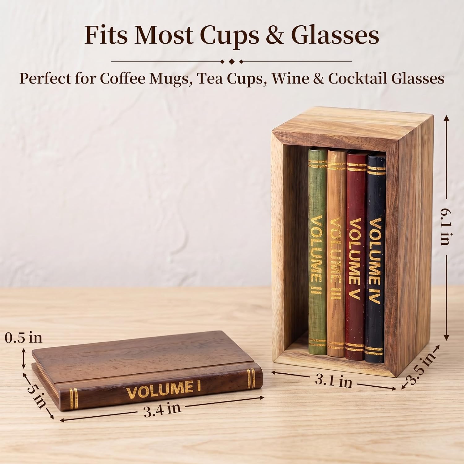 Wooden Coaster Set with Stand, 5 Pack Acacia Wood Drink Coasters for Coffee Table Decor, Decorative Book Style Coasters with Holder, Unique Home Bar Accessories, Housewarming Gift for Coffee Lovers