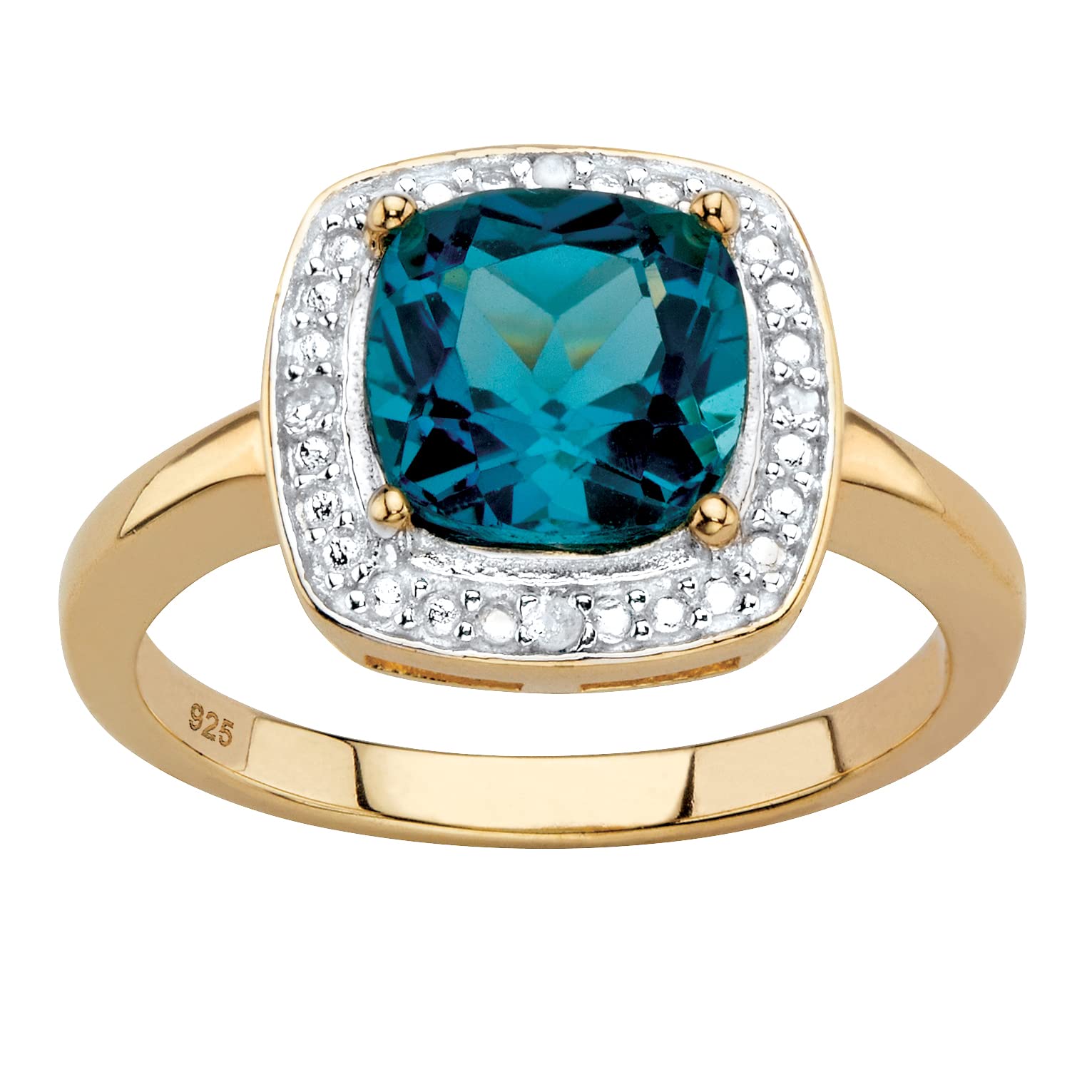 14K Yellow Gold over Sterling Silver Princess Cut Genuine London Blue Topaz and Diamond Accent Halo Ring