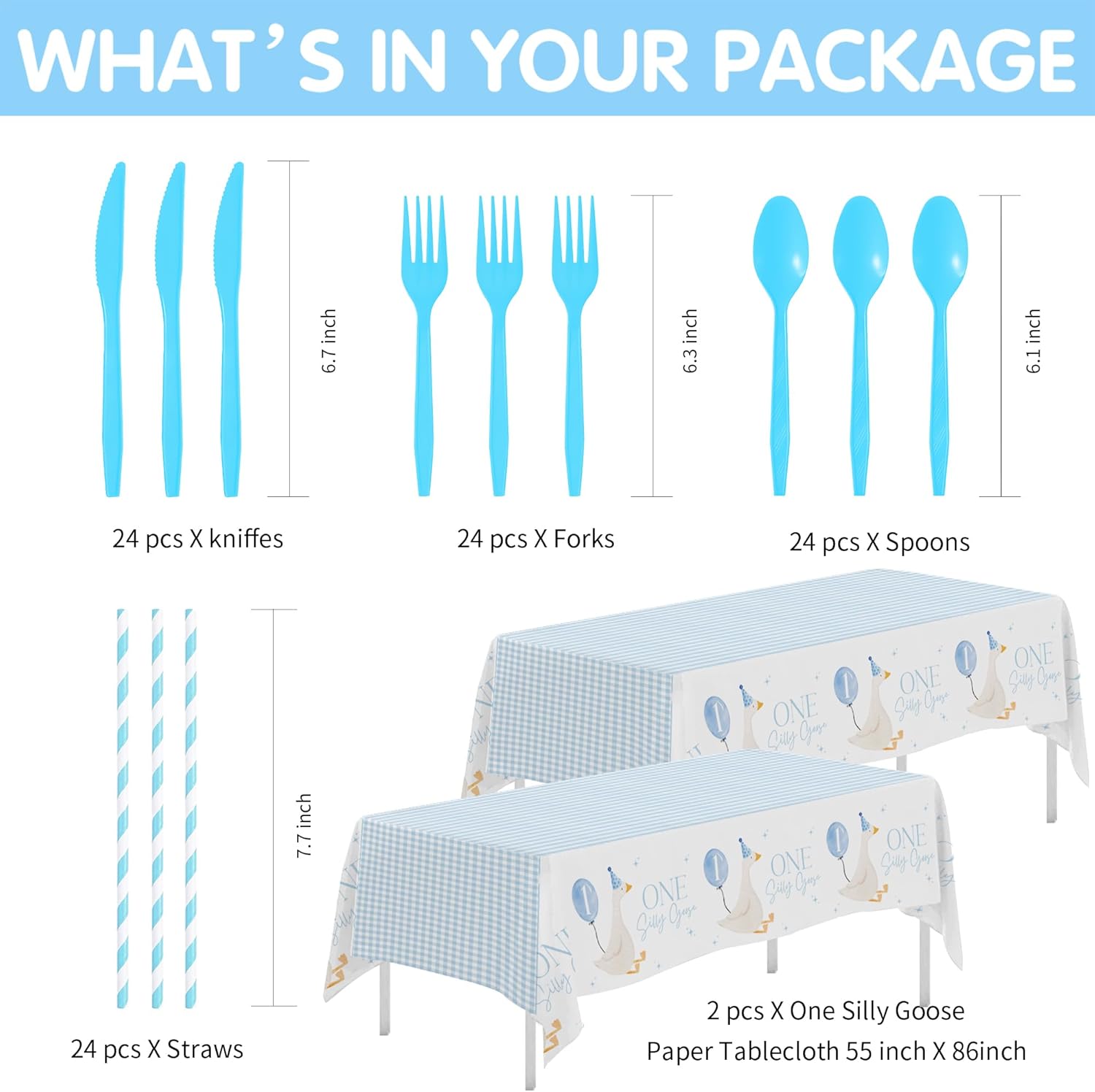 One Silly Goose First Birthday Decorations Tableware for Boys, Blue Goose 1st Birthday Party Supplies, Paper Plate, Cup, Napkin, Straws, Disposable Cutlery, Tablecloth, 24 Guests