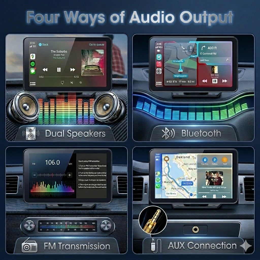 Portable Apple Carplay Screen: 7" HD Touchscreen Wireless Android Auto Display with Backup Camera, Mirror Link, Bluetooth, Voice Control & GPS Navigation, Plug & Play for All Vehicles