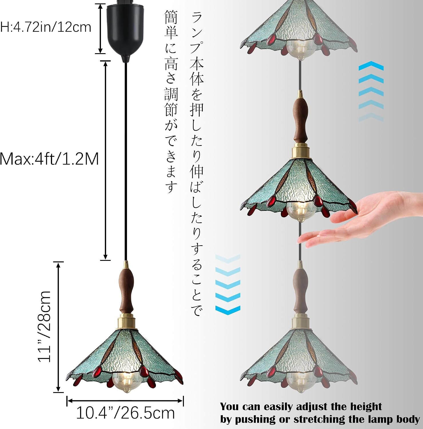 Adjustable Height Halo Track Lighting Pendants, 4 ft Cord, Dimmable Vintage Wooden Handle Copper Socket Chandeliers Sky Blue Water Ripple Tiffany Glass Cover for Banquet Hall