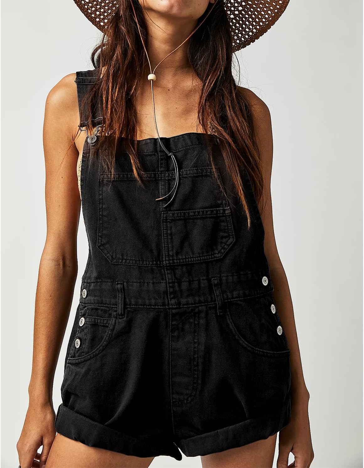 Women's Casual Denim Bib Overall Shorts Adjustable Straps Cuffed Hem Shortall Rompers - Image 6