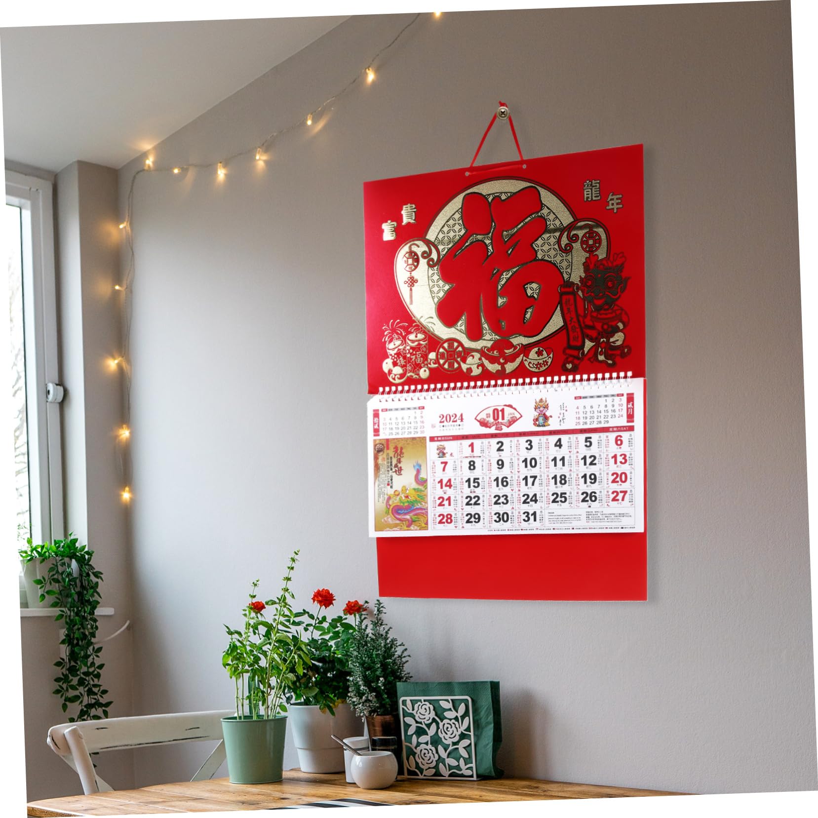 Angoily 4 Piezas Calendario Colgante Año del Dragón Decorativo con Calendario Lunar y Fechas Tradicionales para Pared de y Oficina Impresión y Resistente al Desvanecimiento