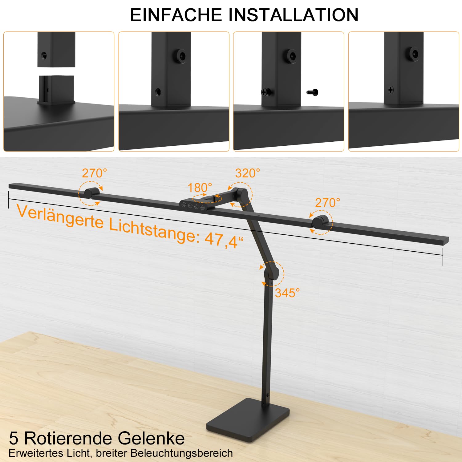 EPABINA Die 36W 3000 Lumen Schreibtischlampe mit Sockel, LED Dimmbar Tageslichtlampe, Drehbare Tischlampe, 120cm Monitor Lampe mit Automatischer Beleuchtung für Zeichnen