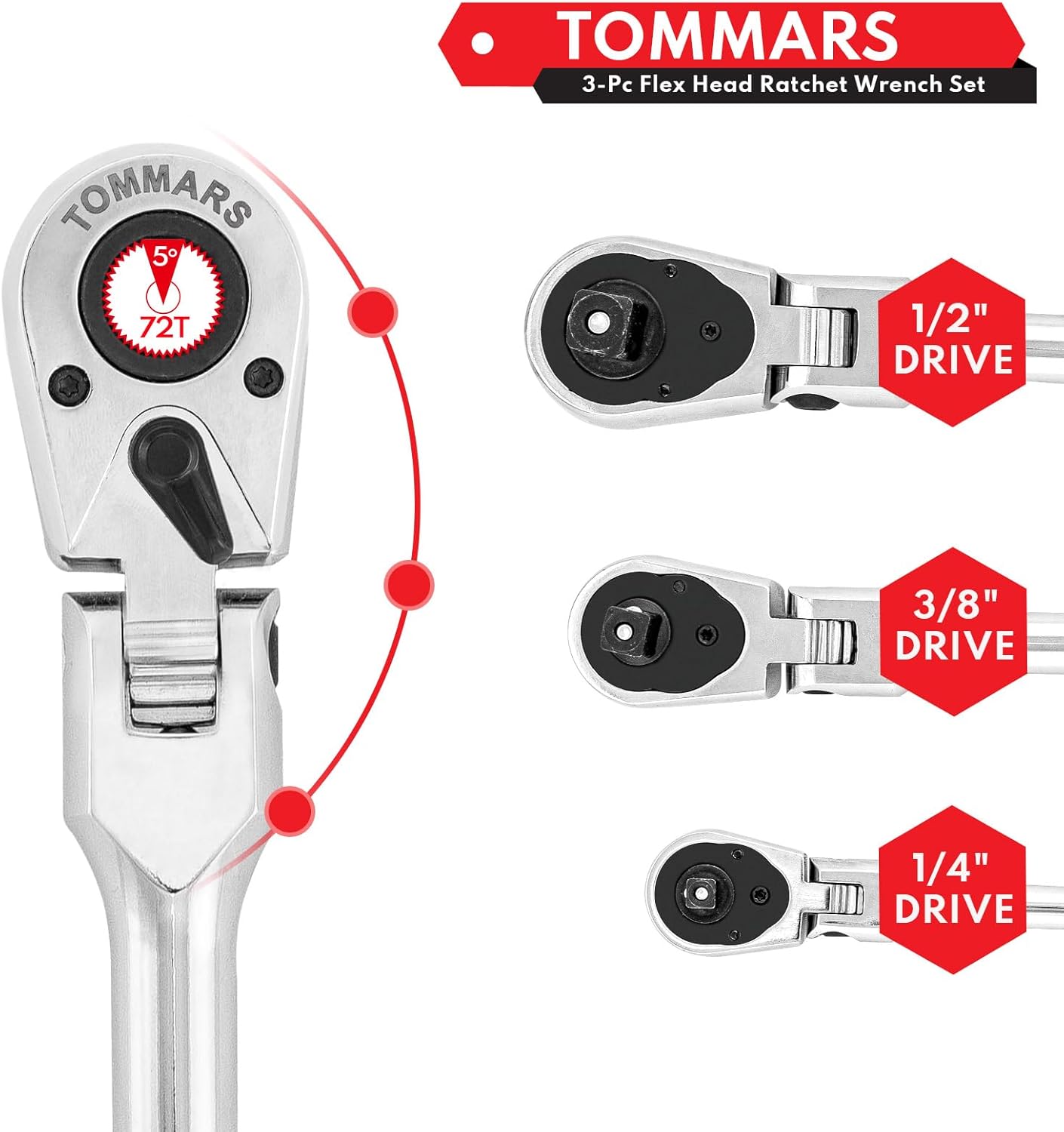 TOMMARS Flex-Head Ratchet Set, 1/4", 3/8", 1/2" Drive Flexible Ratchet Handle Wrench 72-Tooth Quick-Release Reversible Gift for Men Mechanic Hand Tools