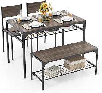 Tangkula Dining Table Set for 4, Kitchen Table and 2 Chairs for 4 with Bench, Additonal Storage Rack, 4 Piece Dining Table Set for Small Space, Apartment