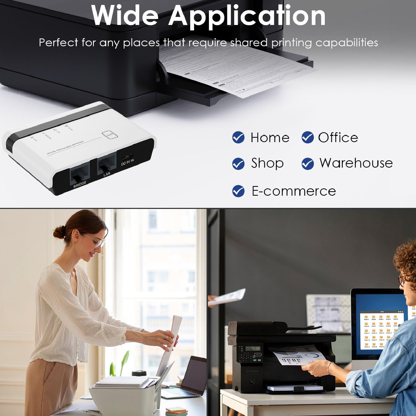 Netzwerk USB 2.0 Druckserver, 2,4 G Kabelloser Kabelgebundener Druckerserver für Zuhause und Büro, Erweitern Sie die Netzwerkstruktur (EU)