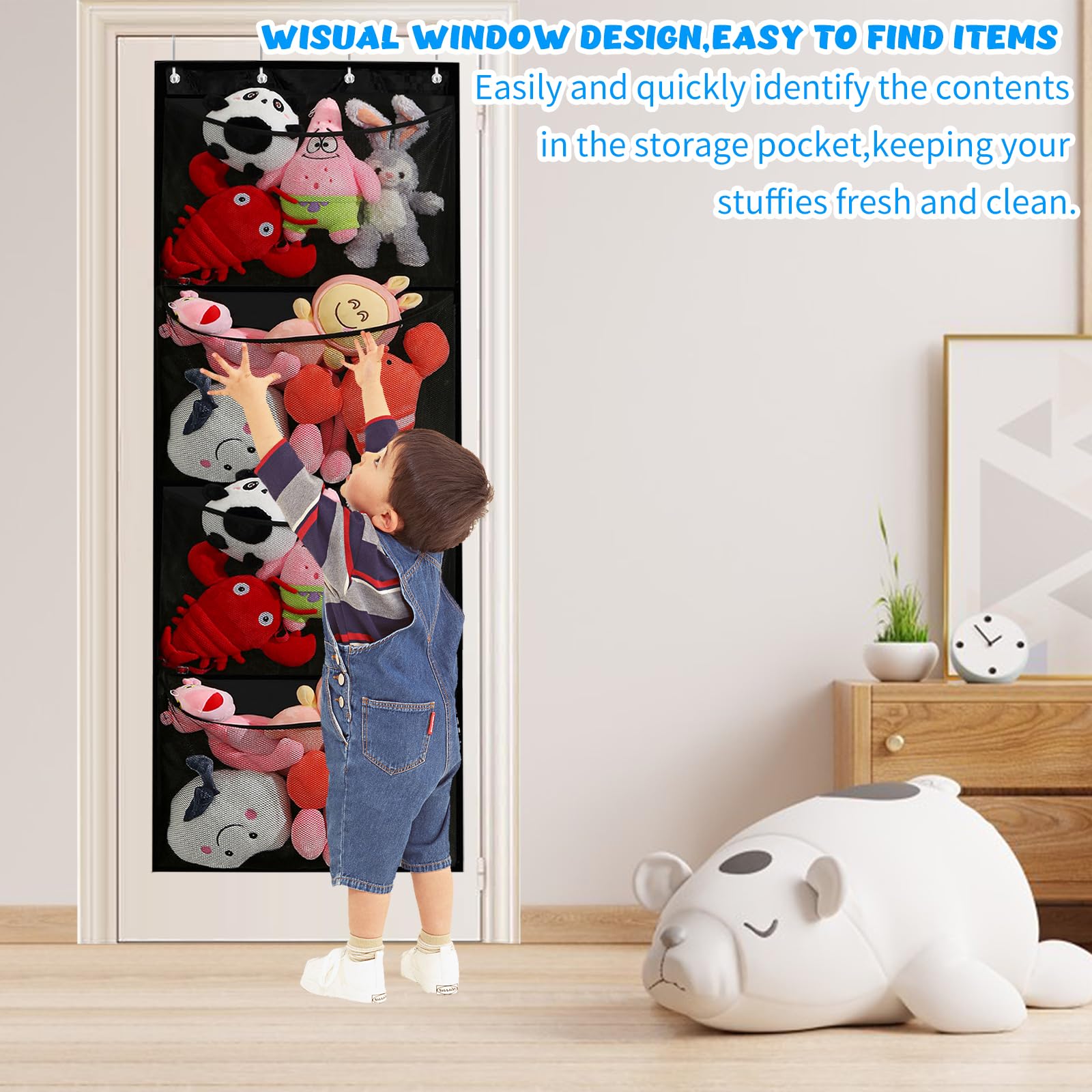 Hanging Storage Box with Storage for Plush Animals Wall Storage Pockets and Practical Door Organizer, Grey, Black, 167 x 58 cm - Image 3