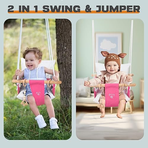 Miniatura 2 de Columpio para bebé con soporte, juego de columpios para bebé, juego de columpios para interiores y exteriores con asiento acolchado de lona (rosa)