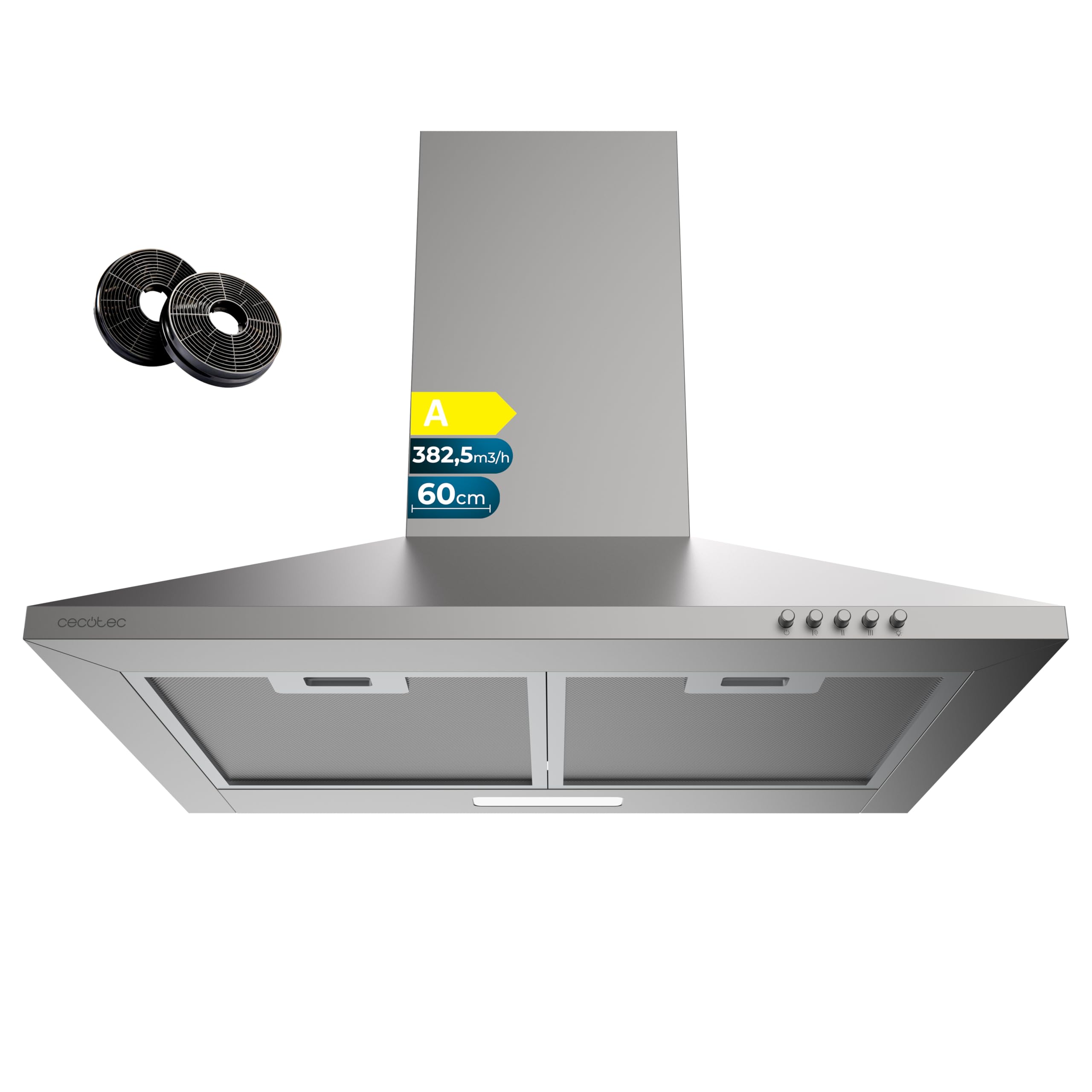 Cecotec Bolero Flux PM 904000 Stainless Steel Extractor Hood 90 cm 382.5 m³/h Suction, 3 Speeds, Carbon Filters Included, Class A, BLDC Motor and LED Light - 5
