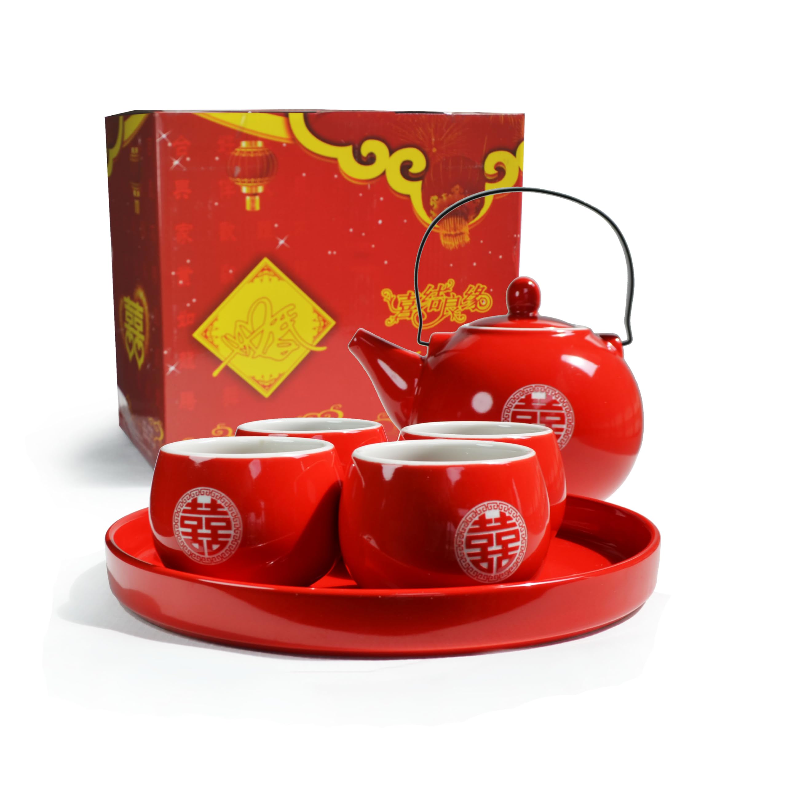 Chinese Tea Gift Set Service Porcelain Tea Pot 4 Cups tray for Adults Men Women Tea Ceremony Wedding Party Home Decor (Double Happiness)