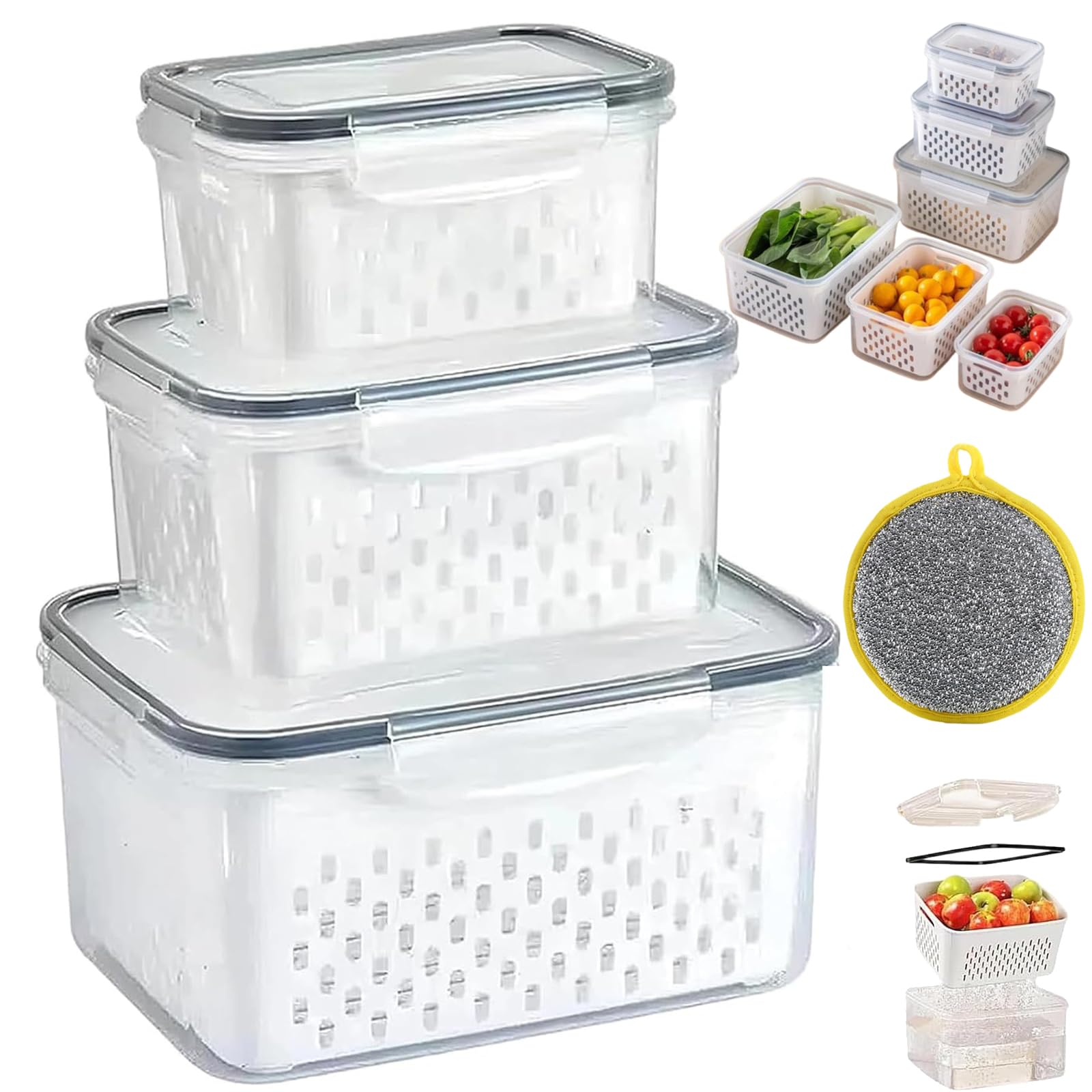 4 in 1 Food Storage Container, Fruit Storage Containers for Fridge with Removable Colander, Household Transparent Plastic Food Storage Box-Including Drain Basket, for Vegetable Fruit (S+M+L-Grey)