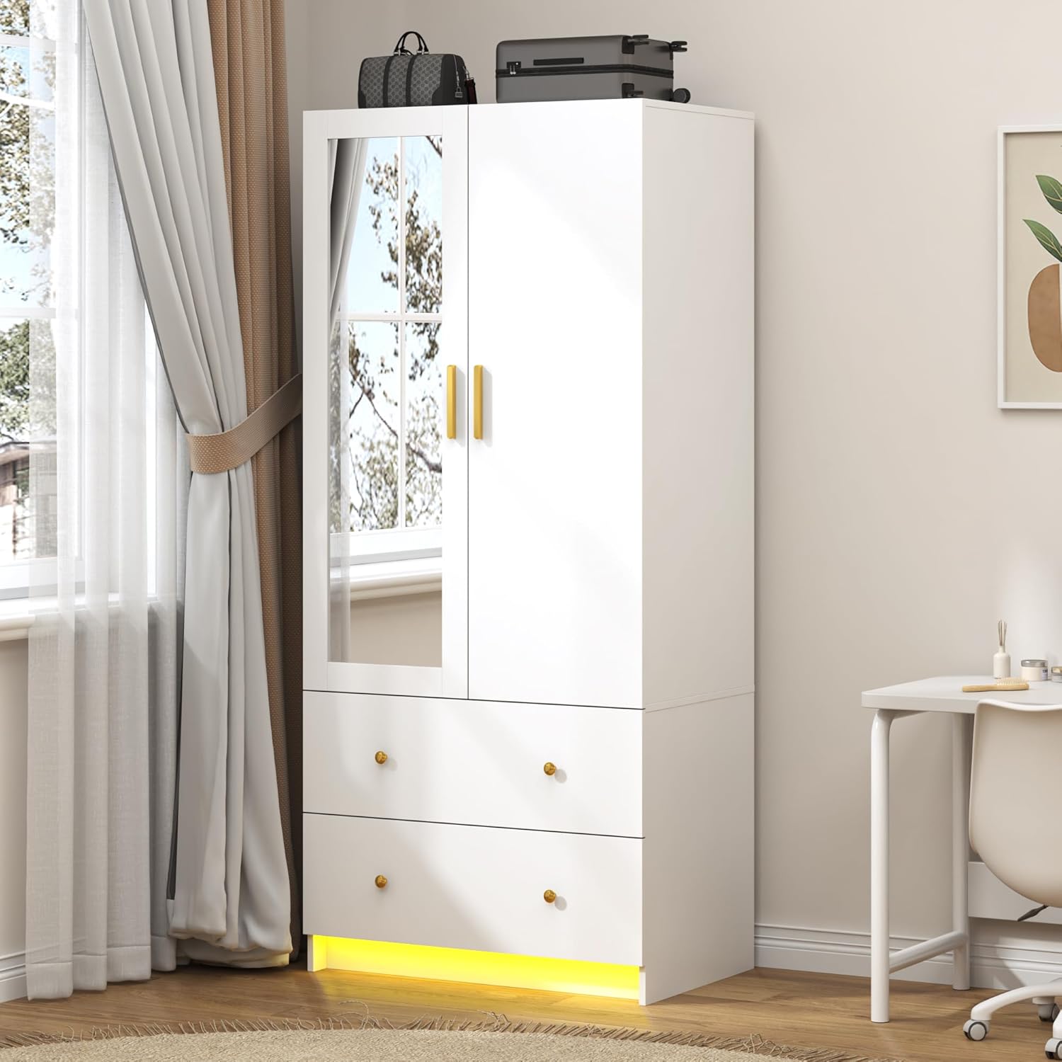 jiteentarou 2 Door Wardrobe Closet with Mirrors and LED Lights, Small Bedroom Armoire with Drawers, Modern Wooden Armoire Wardrobe Closet with Hanging Rod for Bedroom, Brown