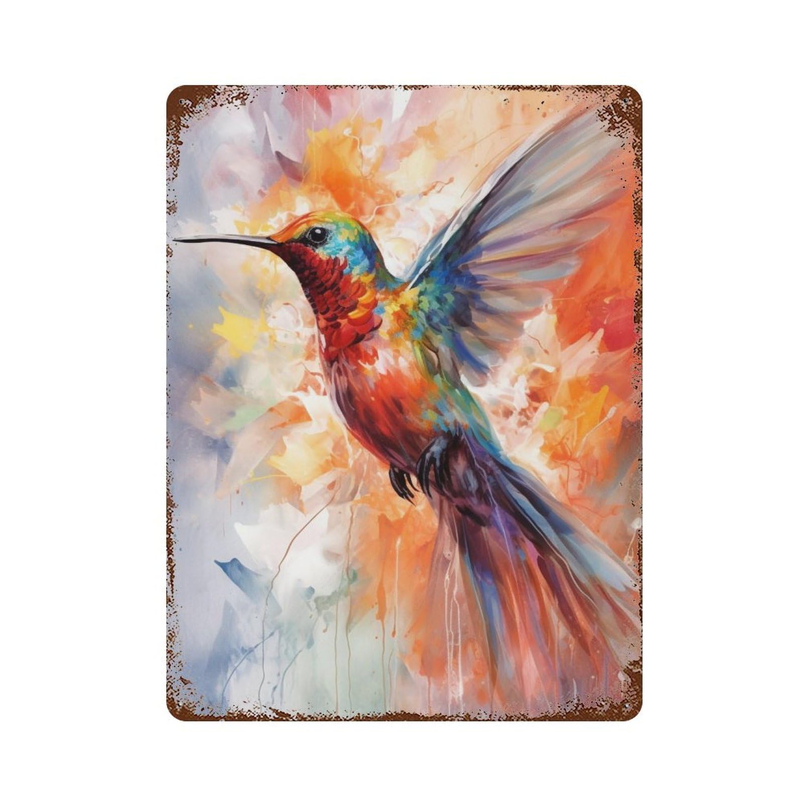 Colorful Hummingbird Painting-1 Weathered Tin Sign 15.7"x11.8", Classic Wall Plaque for Garage, Bar And Workshop Decor