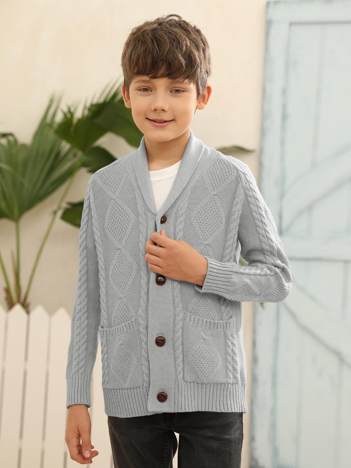 Boy's Sweater Cardigan Button Down Shawl Collar Cable Knitted Outwear Sweater Coats with Pockets - Image 2
