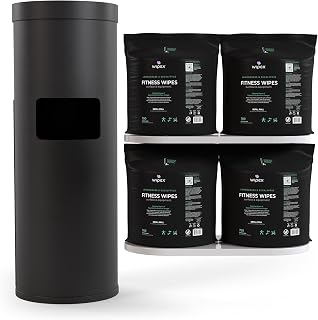 Wipex Wipe Dispenser Refill Bundle - 2800 Count Large 8x12 Gym Wipes for Equipment, Lemongrass & Eucalyptus Scent with Black Stainless Steel Floor Dispenser & Trashcan, Ideal for Fitness Centers