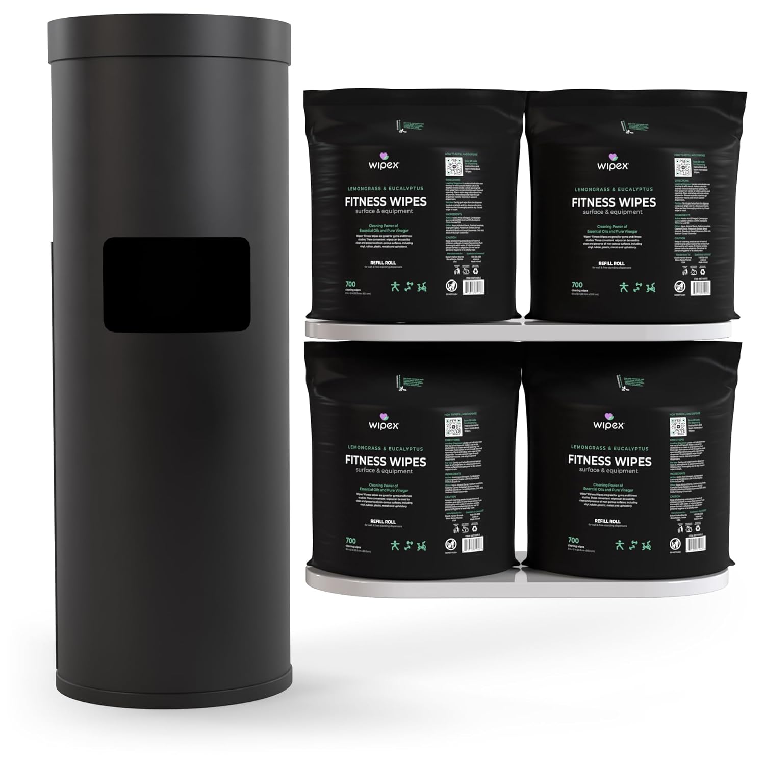 Wipex Wipe Dispenser Refill Bundle - 2800 Count Large 8x12 Gym Wipes for Equipment, Lemongrass & Eucalyptus Scent with Black Stainless Steel Floor Dispenser & Trashcan, Ideal for Fitness Centers