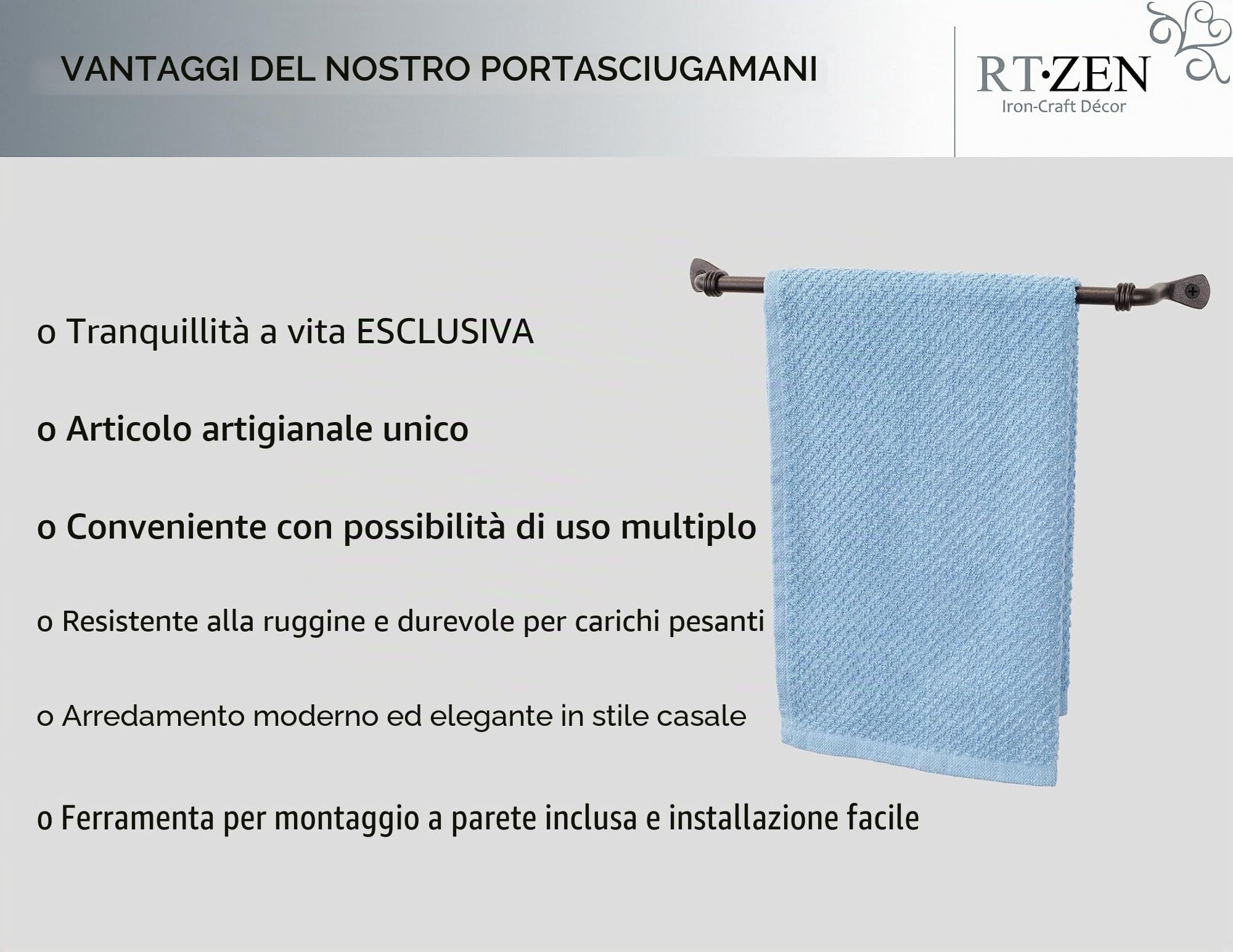 RTZEN Portasciugamani nero opaco per bagno, realizzato a mano in ferro battuto, barra da cucina in metallo, per casa o ufficio, montaggio a parete, adatto per asciugamani da 25,4 cm